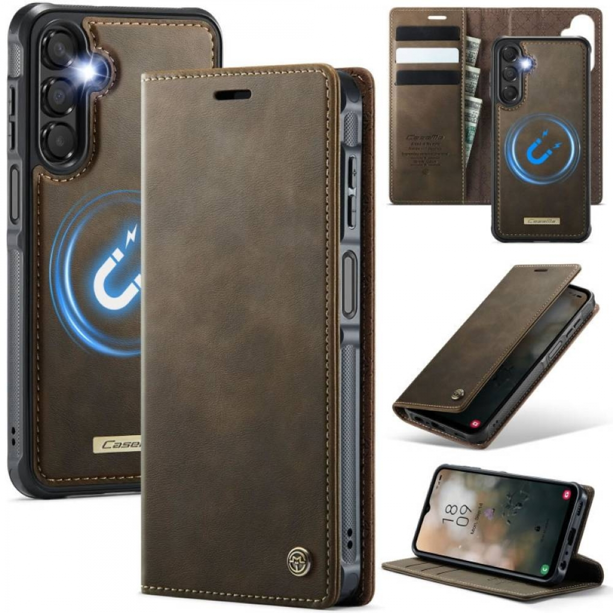 Braune Leder-Handyhülle mit Magnetverschluss. Mehrere Ansichten zeigen die Hülle offen und geschlossen, mit einem Telefon darin.