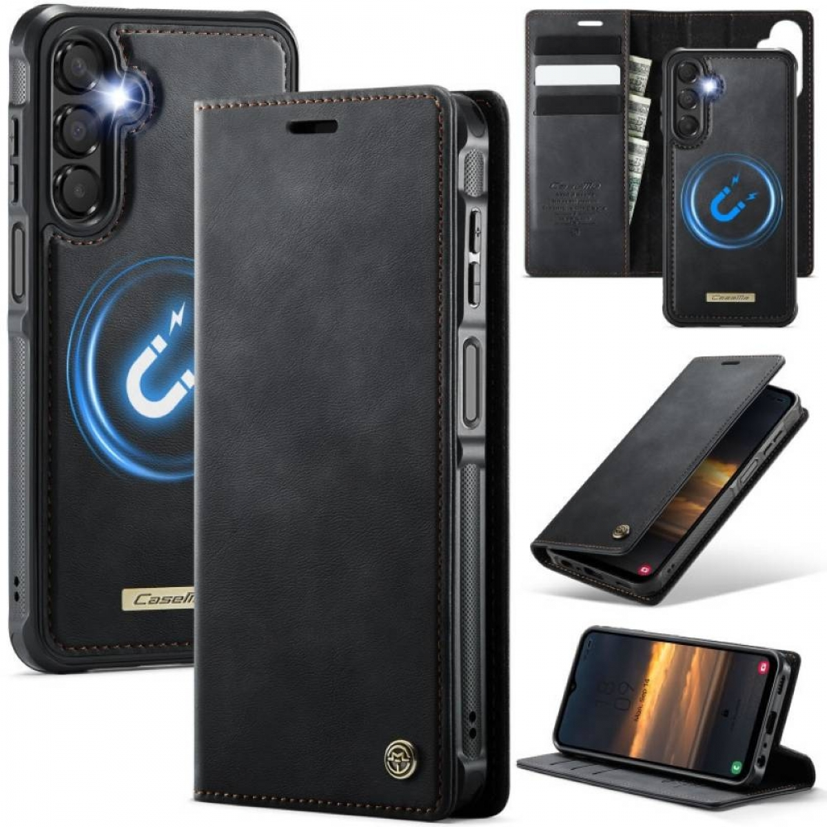 Schwarze Leder-Handyhülle mit Magnetverschluss, verschiedene Ansichten. Enthält Telefon, Karten und Bargeld. 'Caseli'-Logo sichtbar.