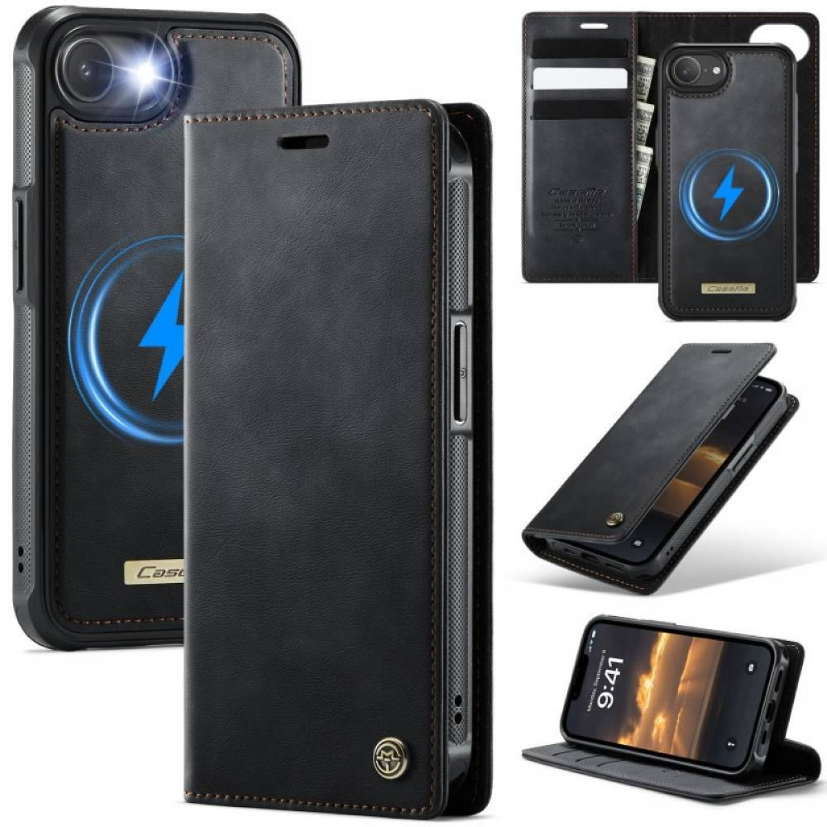 Schwarze Leder-Handyhülle mit Ladesymbol und Telefon. Mehrere Ansichten der Hülle werden gezeigt.