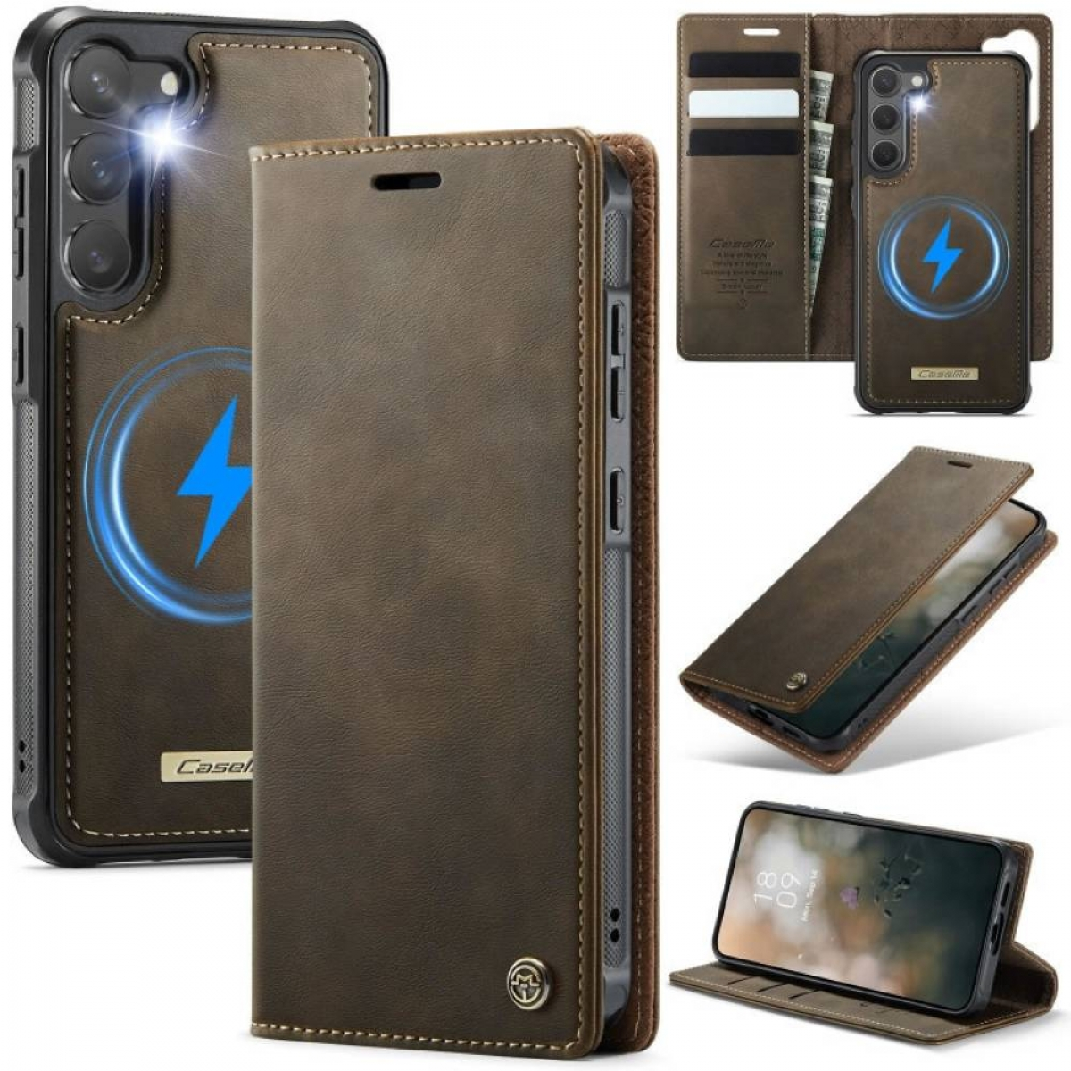Mehrere braune Leder-Handyhüllen. Eine ist geöffnet und zeigt ein Telefon und Karten. Eine andere zeigt ein Ladesymbol.