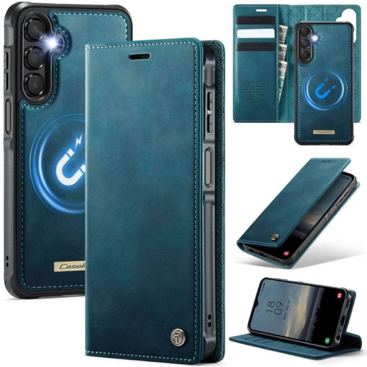 Eine teal-farbene Leder-Handyhülle mit einem magnetischen Ladesymbol, offen und geschlossen, mit Telefon und Kartenfächern.