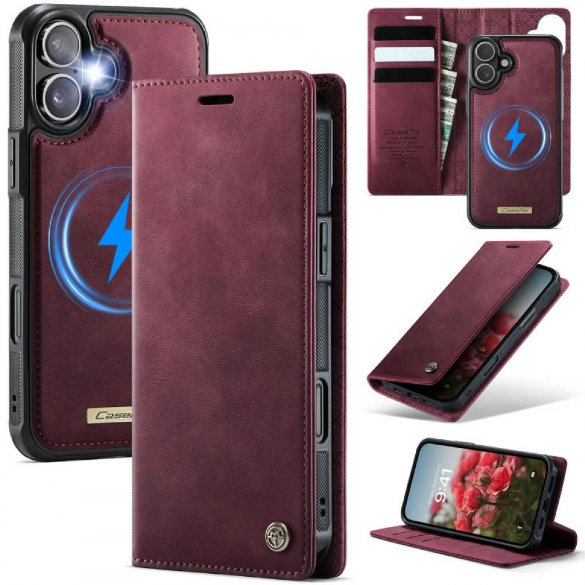 Eine bordeauxfarbene Leder-Handyhülle mit integriertem Kartenhalter, ein Telefon mit einem Blumenfoto und ein drahtloses Ladesymbol.
