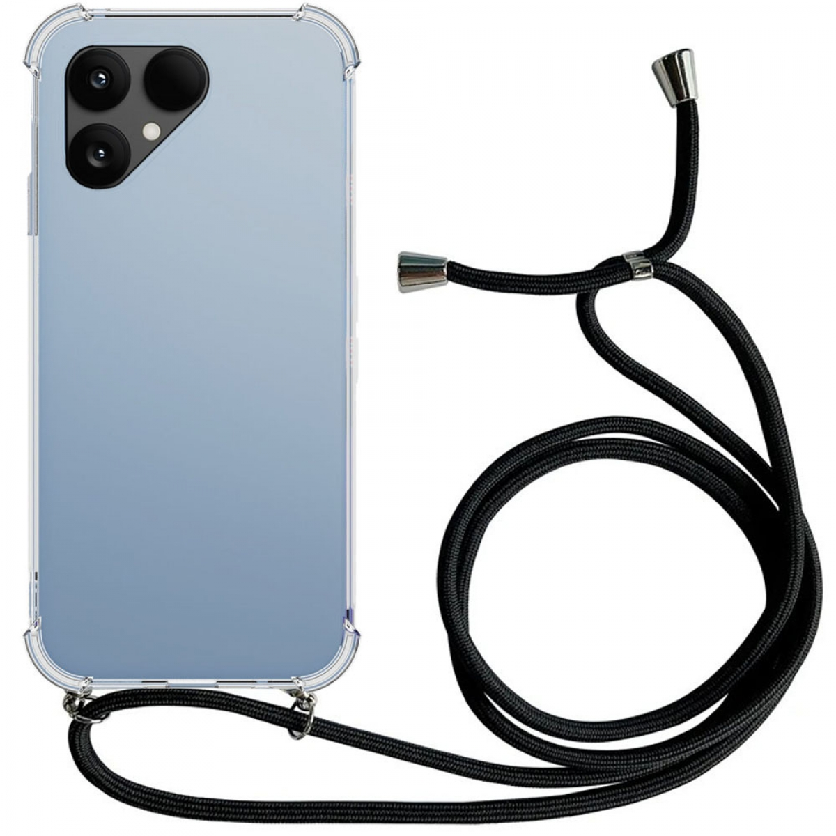 Eine transparente Handyhülle mit blauem Farbton, die an einem schwarzen Umhängeband befestigt ist. Das Telefon hat eine Dreifachkamera. Der Hintergrund ist weiß.