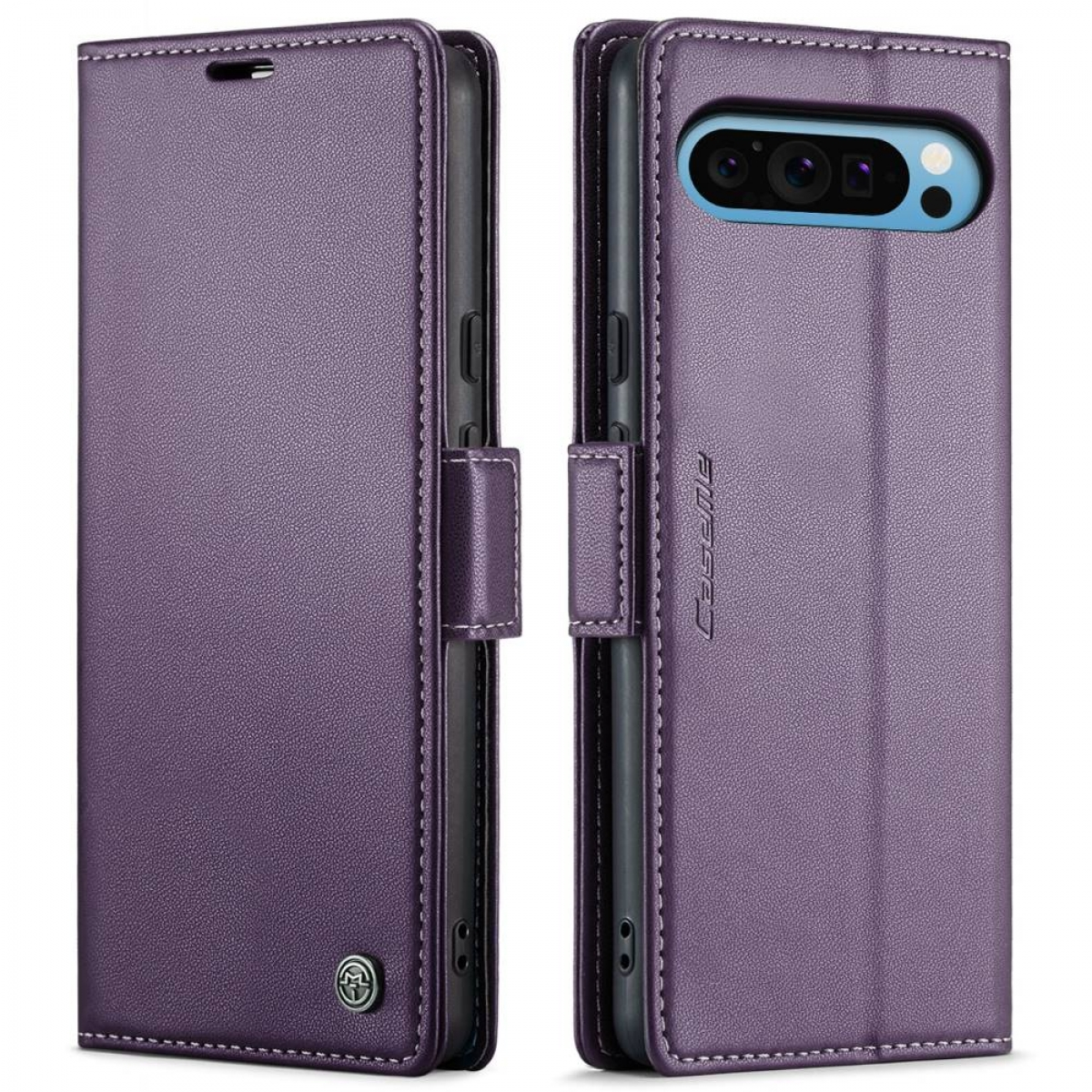 Zwei violette Handyhüllen, eine geschlossen und eine offen, die das Telefon zeigen. Beide haben weiße Nähte und einen Verschluss.