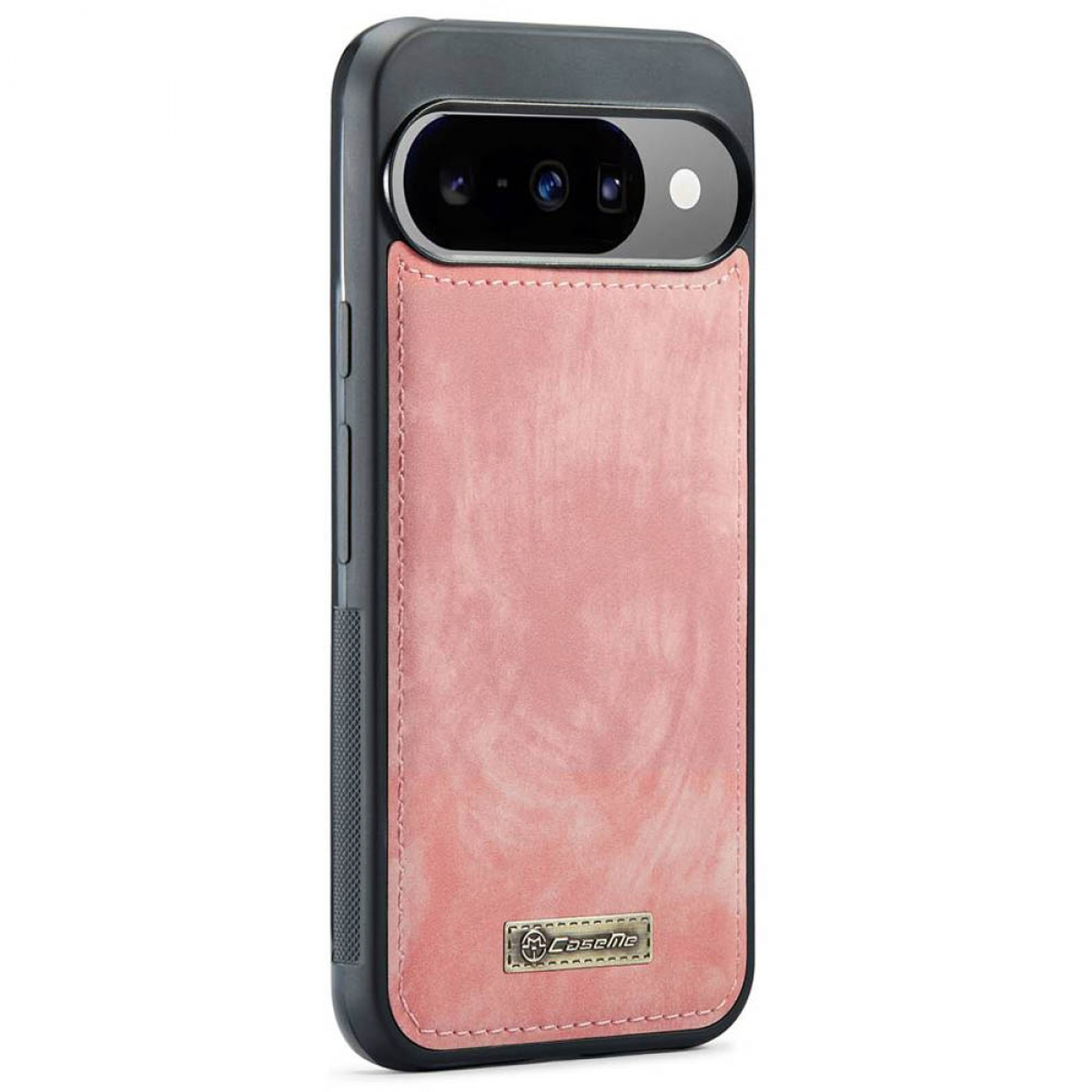 Eine Handyhülle mit rosa Leder auf der Rückseite und einem dunkelgrauen Rahmen. Sie hat einen Kameraausschnitt und ein kleines Logo.