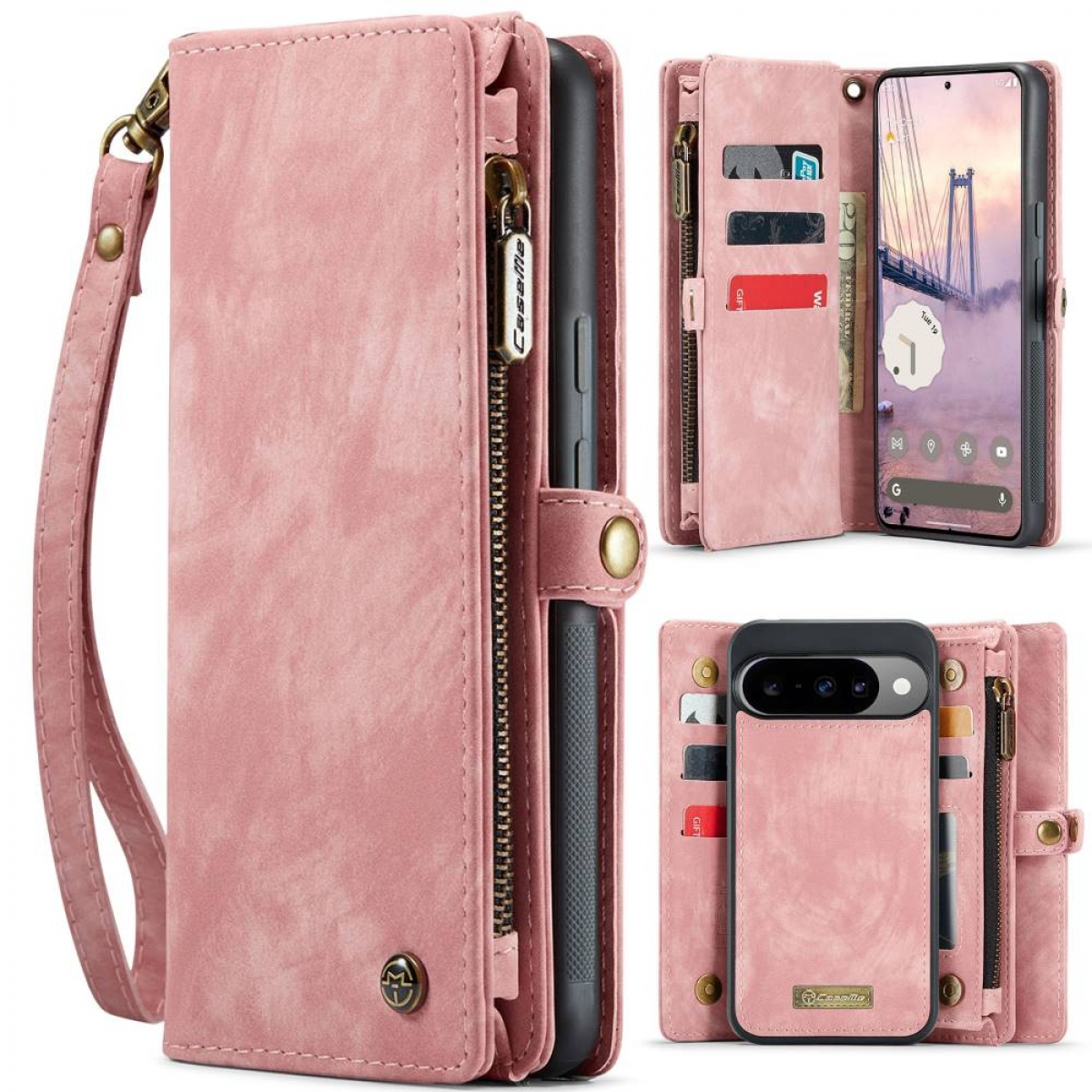 Rosa Ledergeldbörse mit Reißverschluss, Handschlaufe und Handyhülle. Inklusive Kartenfächer und Telefon mit Brückenanzeige.