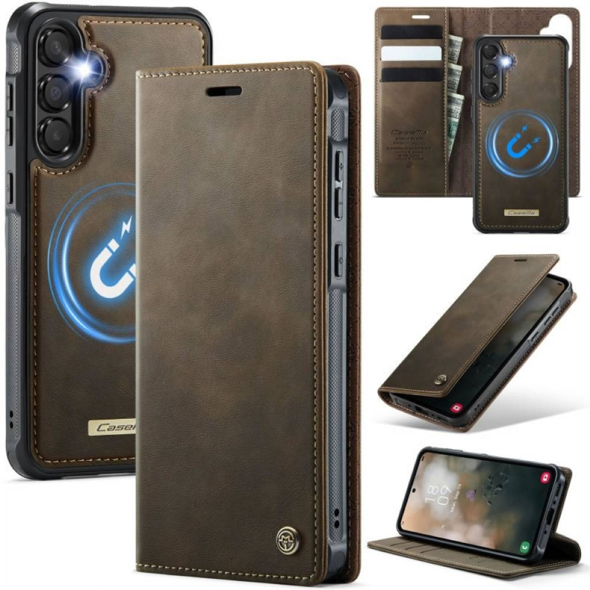 Braune Leder-Handyhülle mit Magnetverschluss. Mehrere Ansichten zeigen Telefon innen und offen, mit Kartenfächern und Logo.