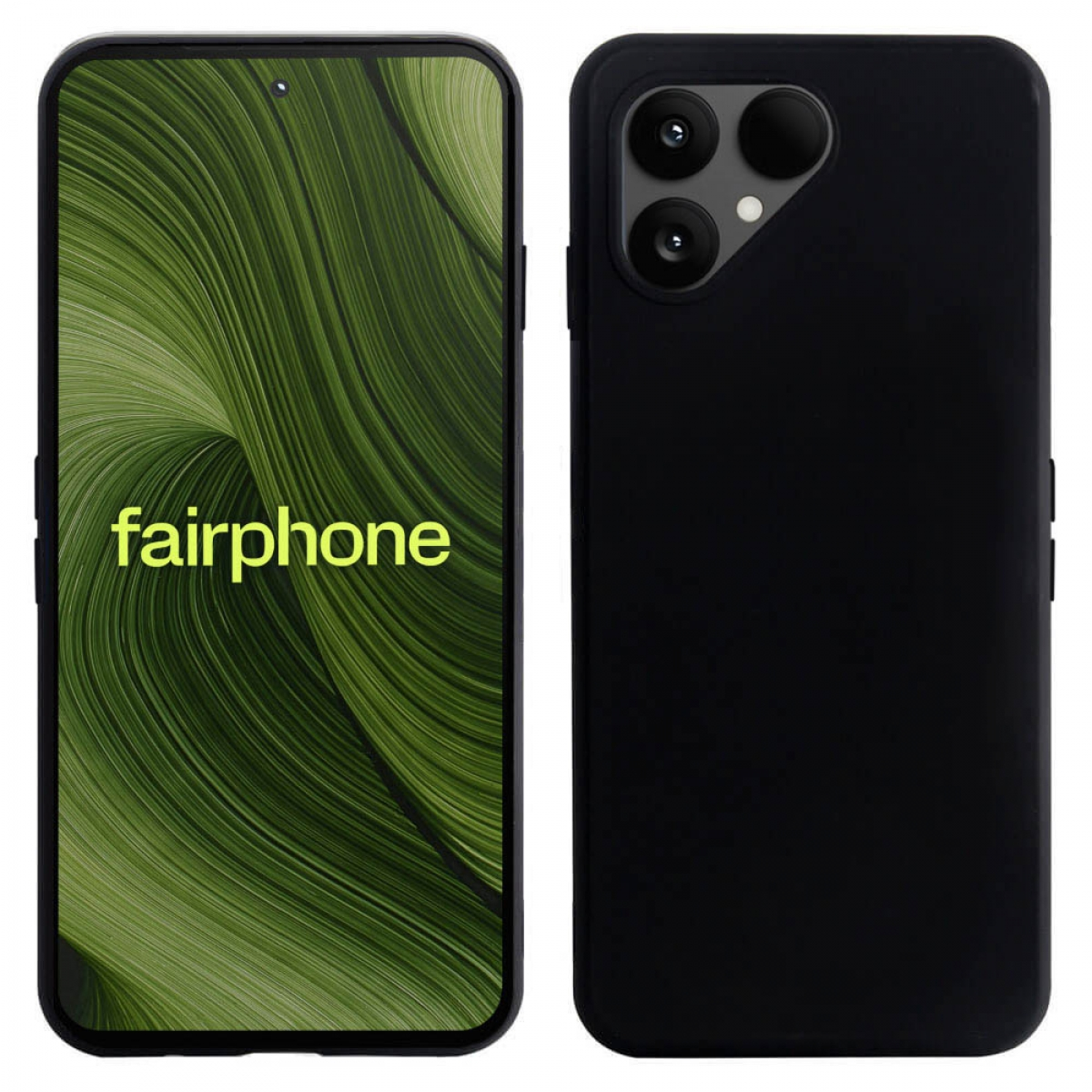Zwei Smartphones nebeneinander. Das linke zeigt ein grünes fließendes Muster und 'fairphone'. Das rechte ist schwarz mit Kameralinsen.