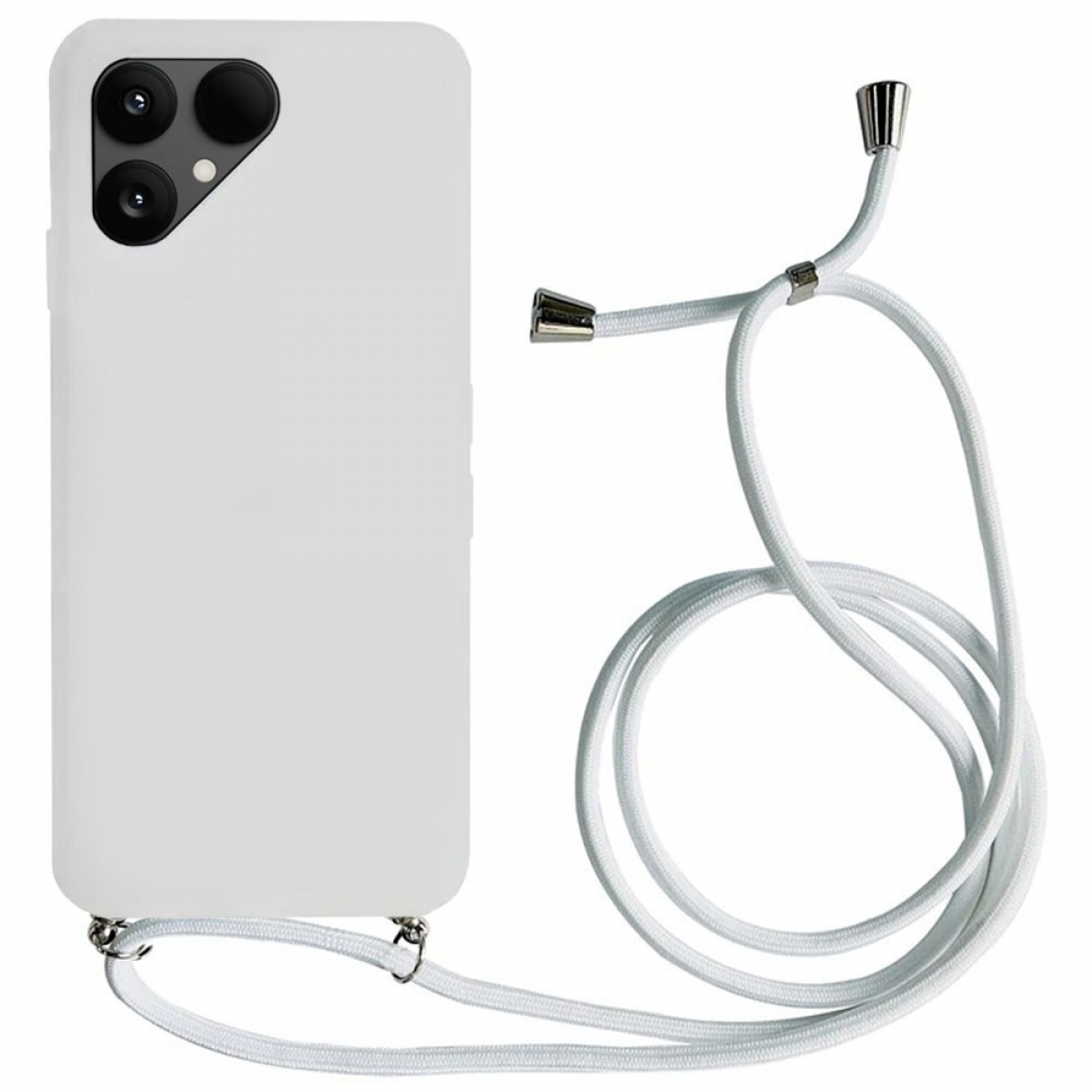 Weißes Handycase mit weißem Umhängeband. Das Case hat ein Kameramodul. Das Umhängeband hat Metallakzente.