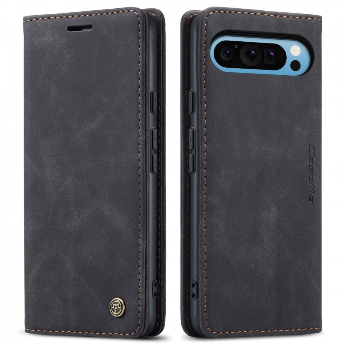 Geöffnete schwarze Leder-Handyhülle. Die Hülle hat einen Magnetverschluss und ist mit braunem Faden genäht. Das Telefon ist sichtbar.