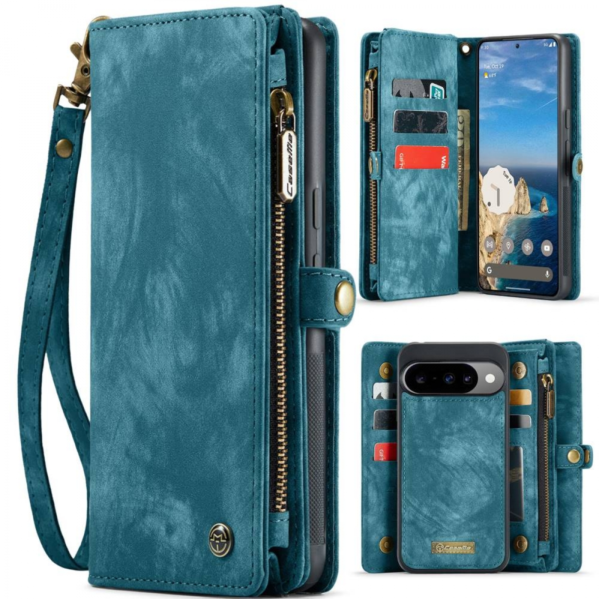 Türkisfarbenes Leder-Geldbörsen-Handy-Etui mit mehreren Ansichten. Zu den Merkmalen gehören ein Reißverschluss, Kartenfächer und eine Handschlaufe.