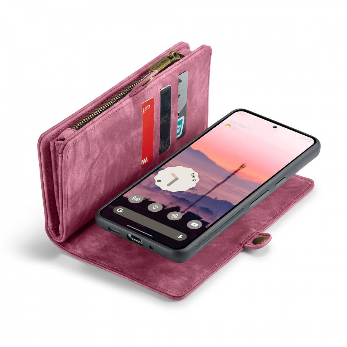 Eine rosa Handyhülle mit Geldbörse, ein Handy mit Sonnenuntergang-Hintergrundbild ist darin. Karten sind in der Geldbörse sichtbar.