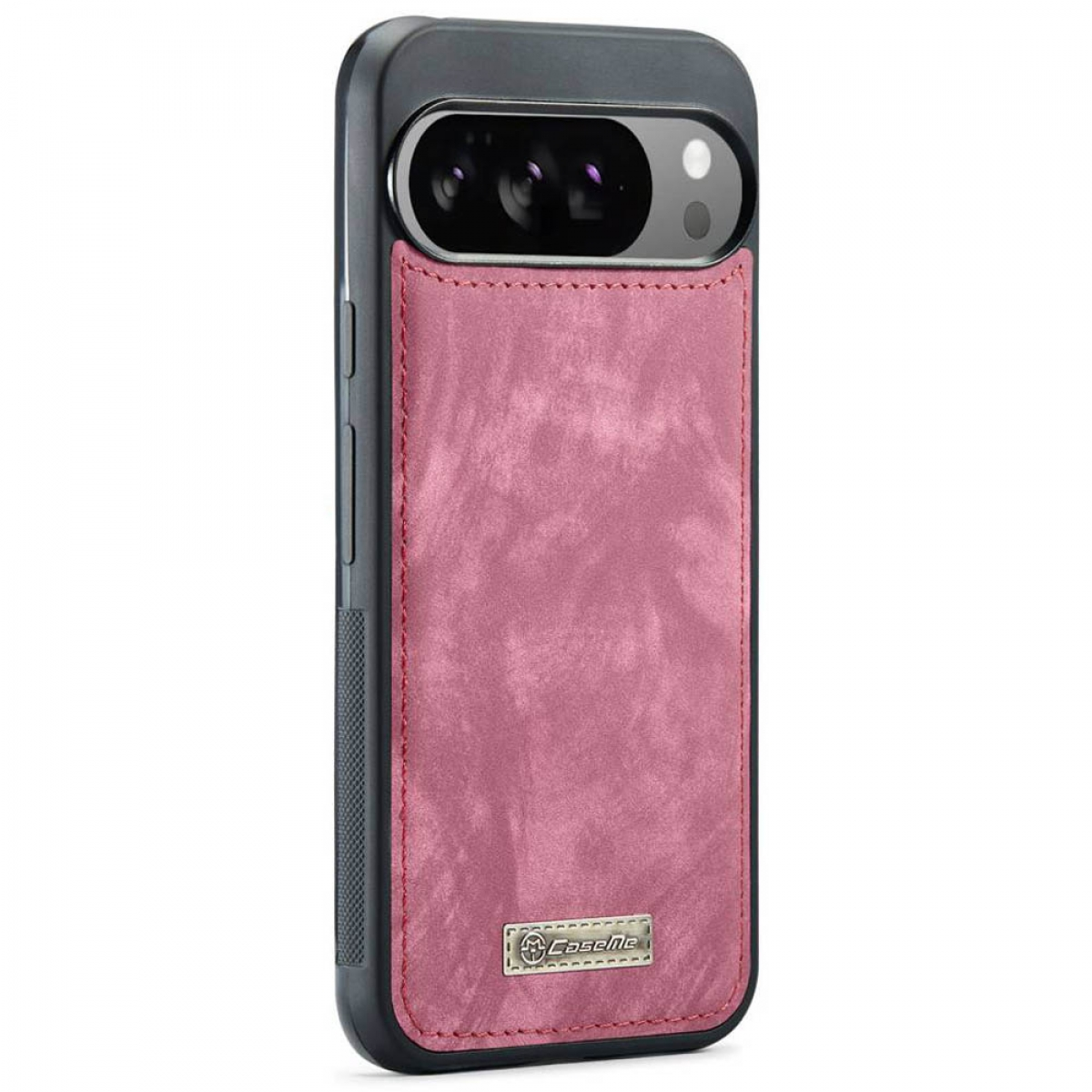 Eine Handyhülle mit pink-roter Leder-Rückseite und schwarzem Rahmen. Die Kamera ist oben sichtbar, der Markenname unten.