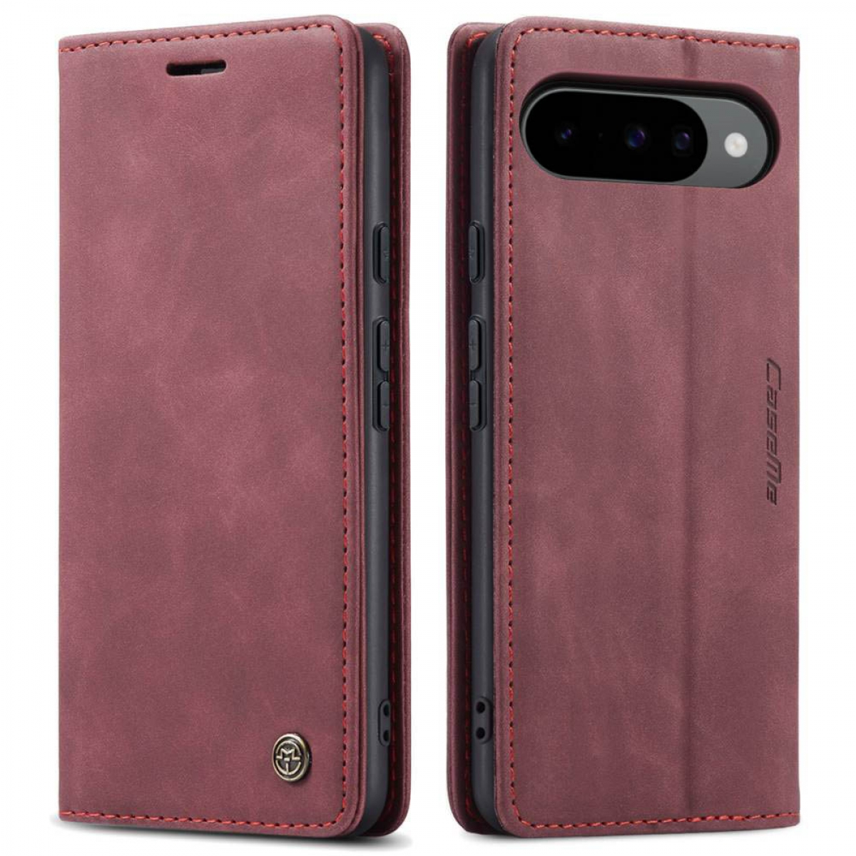 Eine rote Leder-Handyhülle ist geöffnet und geschlossen abgebildet. Sie hat Nähte und ein Logo. Das Telefon ist im offenen Etui sichtbar.