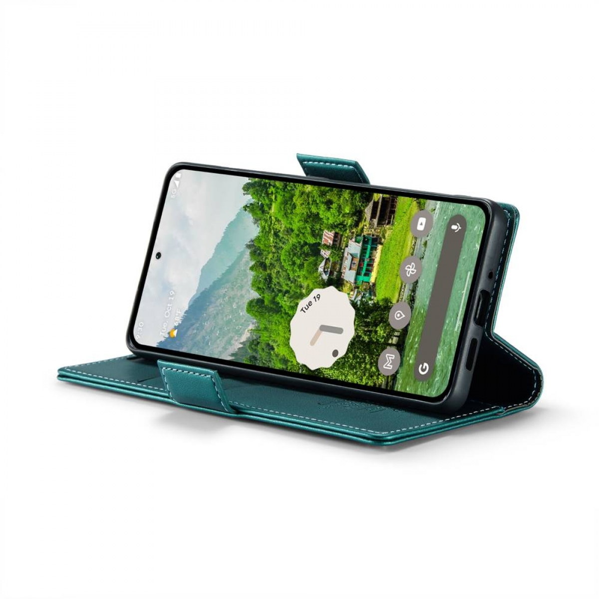 Ein Smartphone in einem tealfarbenen Etui zeigt eine Berglandschaft. Das Etui ist geöffnet und gibt den Bildschirm und einen weißen Hintergrund frei.