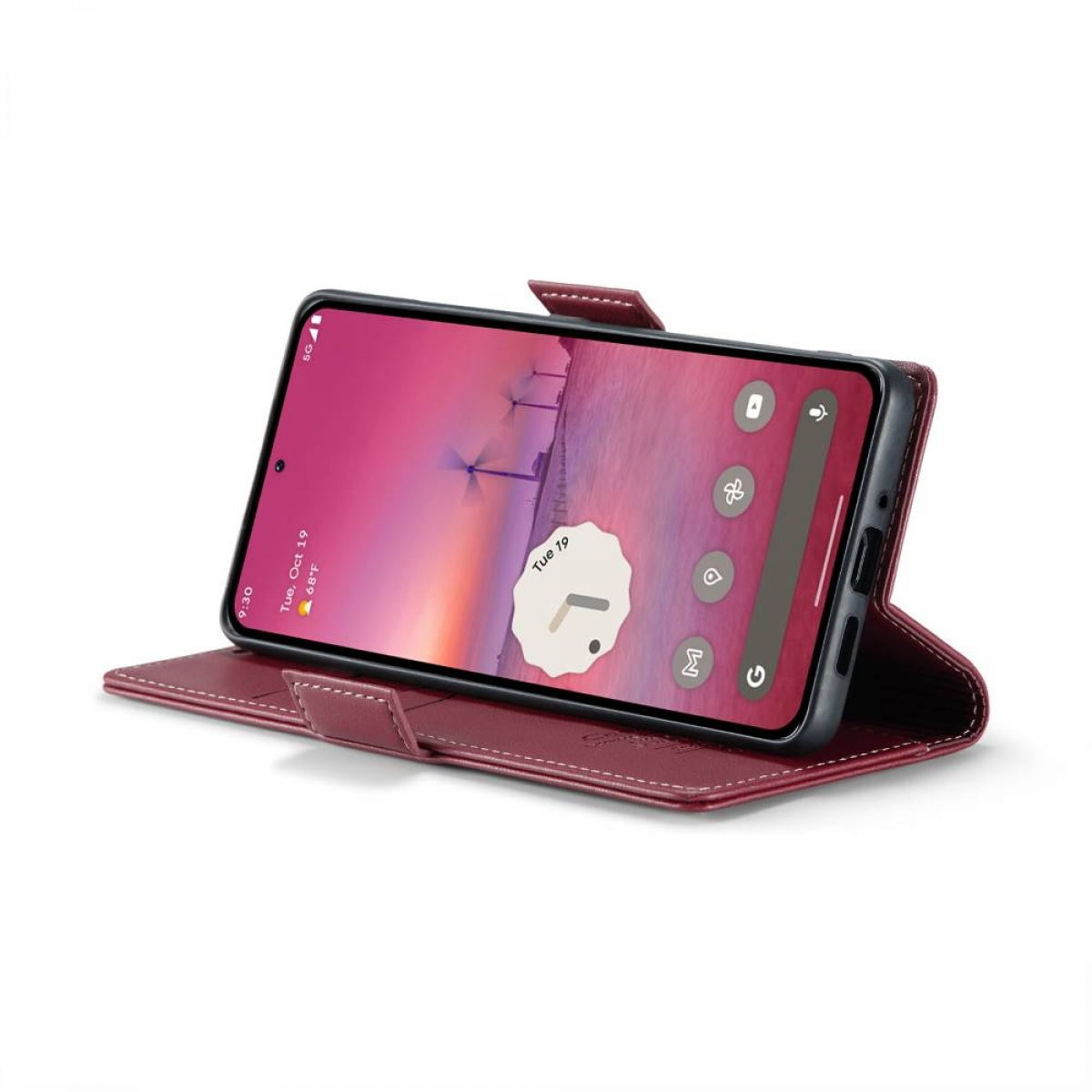 Ein Smartphone in einem roten Gehäuse. Der Bildschirm zeigt eine Landschaftsaufnahme. Die Hülle ist geöffnet und das Telefon steht aufrecht.