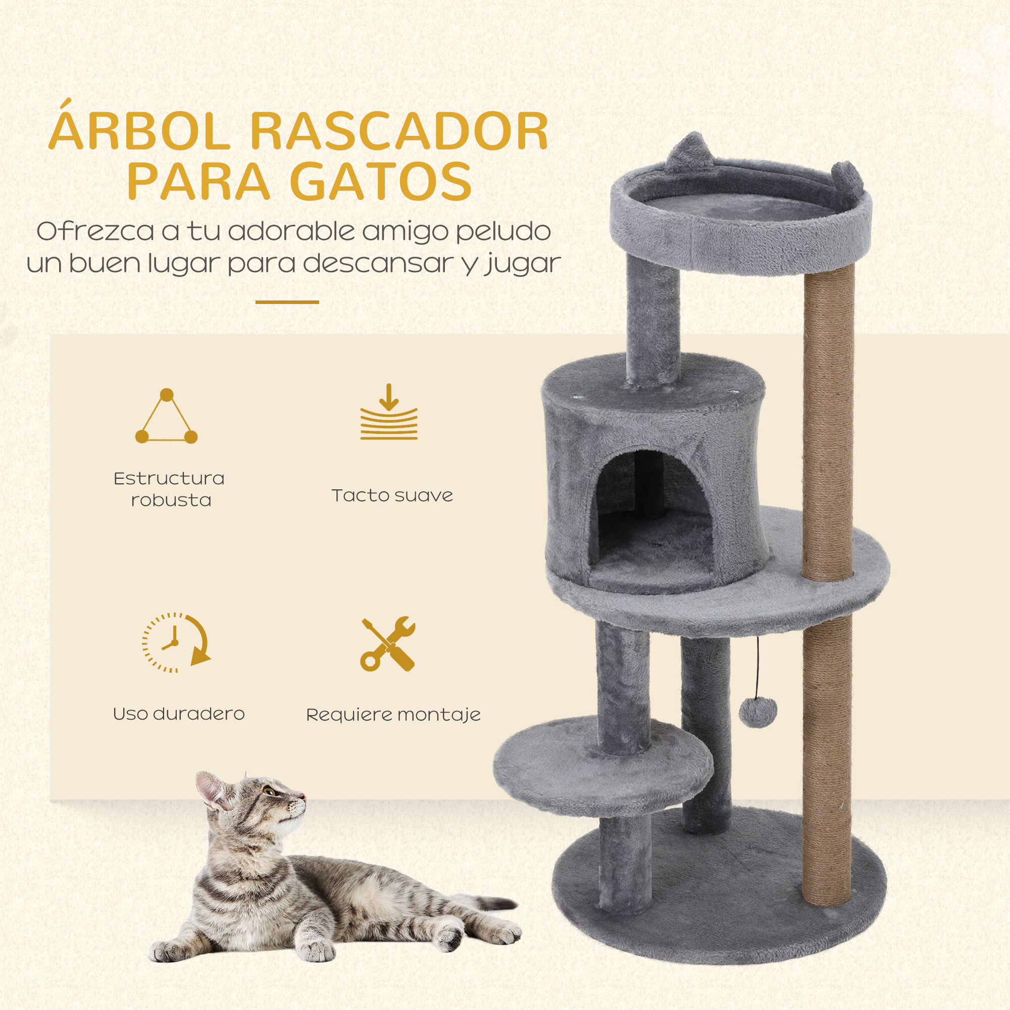 Un árbol para gatos gris con varios niveles, postes para rascar y un gato acostado en primer plano. Texto en español visible.