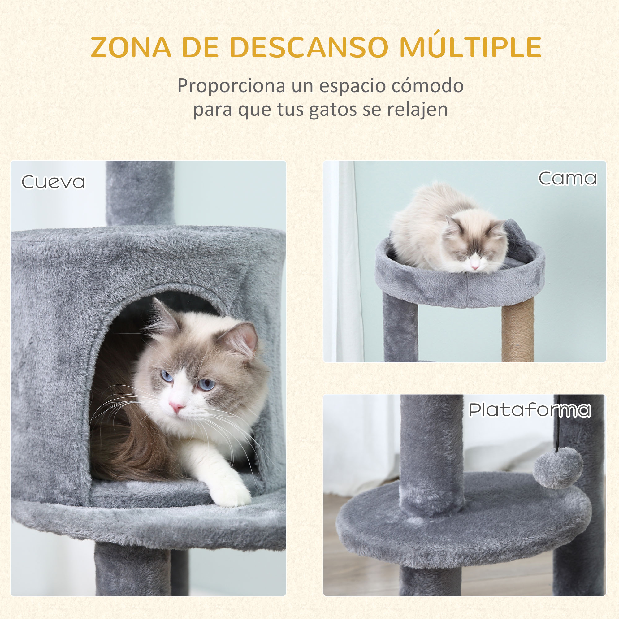 Un árbol para gatos con tres niveles: una cueva, una cama y una plataforma. Un gato con ojos azules está en la cueva.