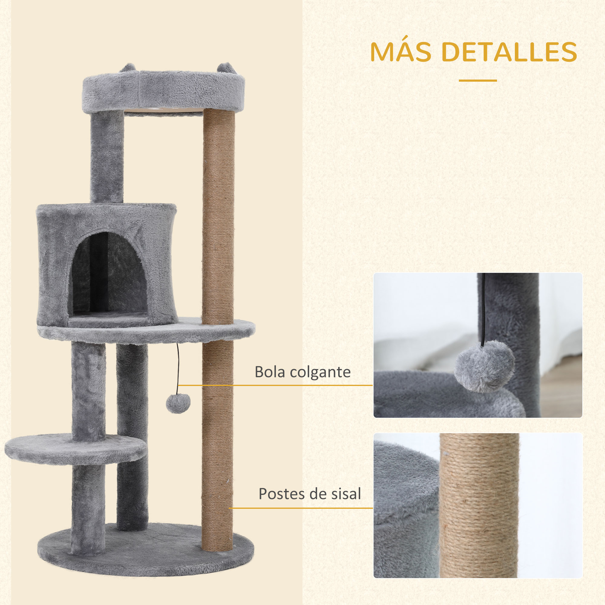 Un árbol para gatos gris con múltiples niveles, un poste rascador de sisal y una bola colgante. El fondo es beige claro.