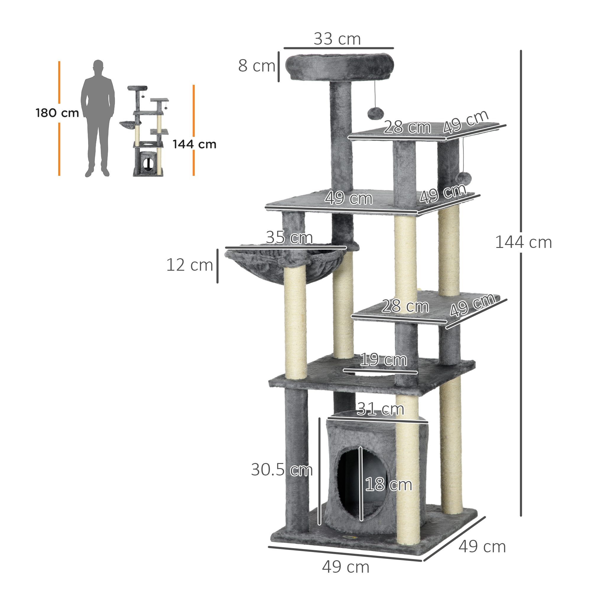 Árbol para gatos con múltiples plataformas, una casita para gatos y postes rascadores. Dimensiones etiquetadas. También se muestra la altura de una persona.