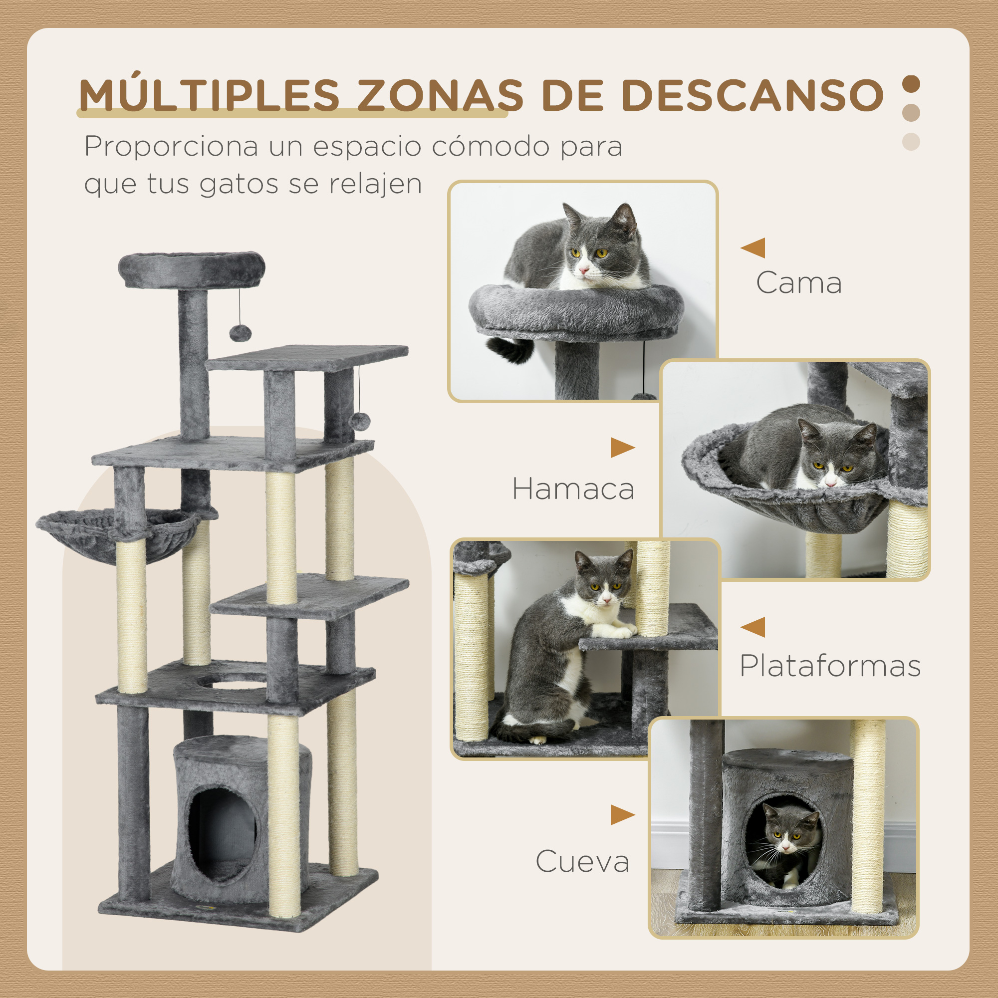 Un árbol para gatos multinivel con varias áreas de descanso. Los gatos se ven en la cama, hamaca, plataformas y cueva.