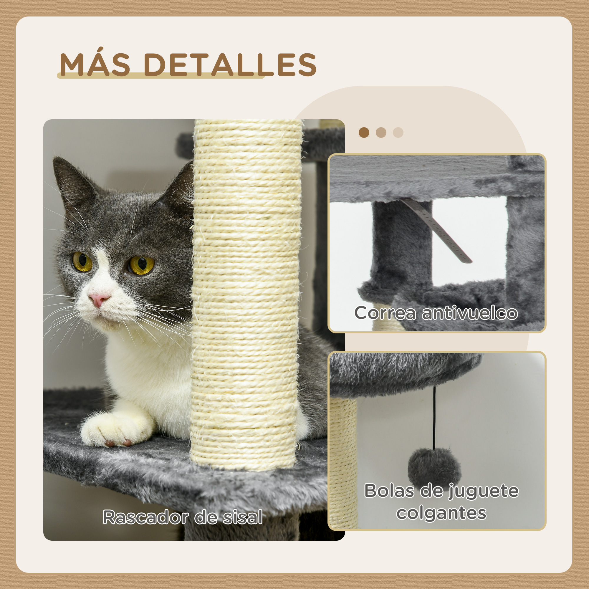 Un gato en un rascador de sisal. Detalles muestran un gato gris, correa antivuelco y bolas de juguete colgantes.
