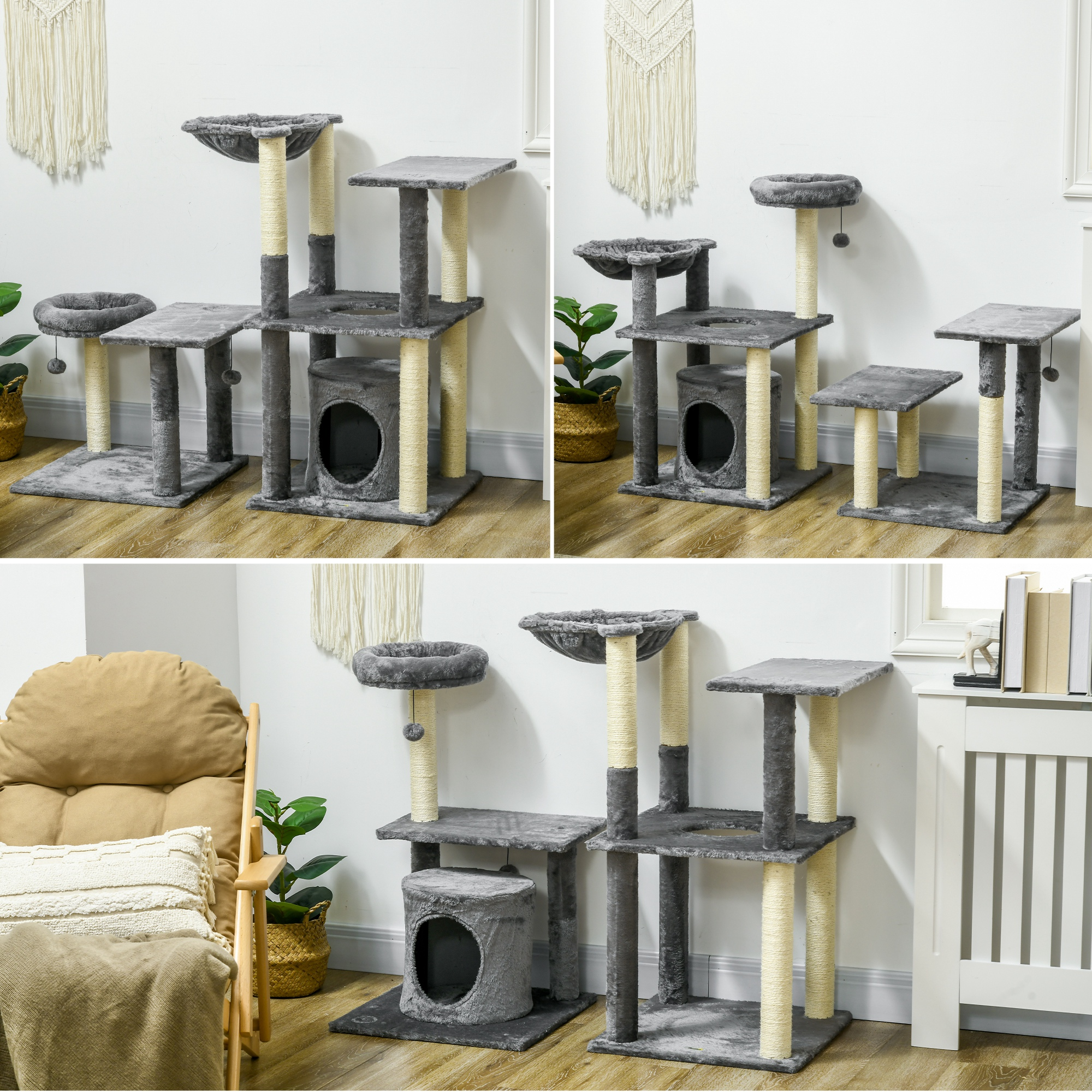 Árbol para gatos con múltiples plataformas, una cueva y postes para rascar. Superficies alfombradas grises, postes beige, contra una pared blanca.