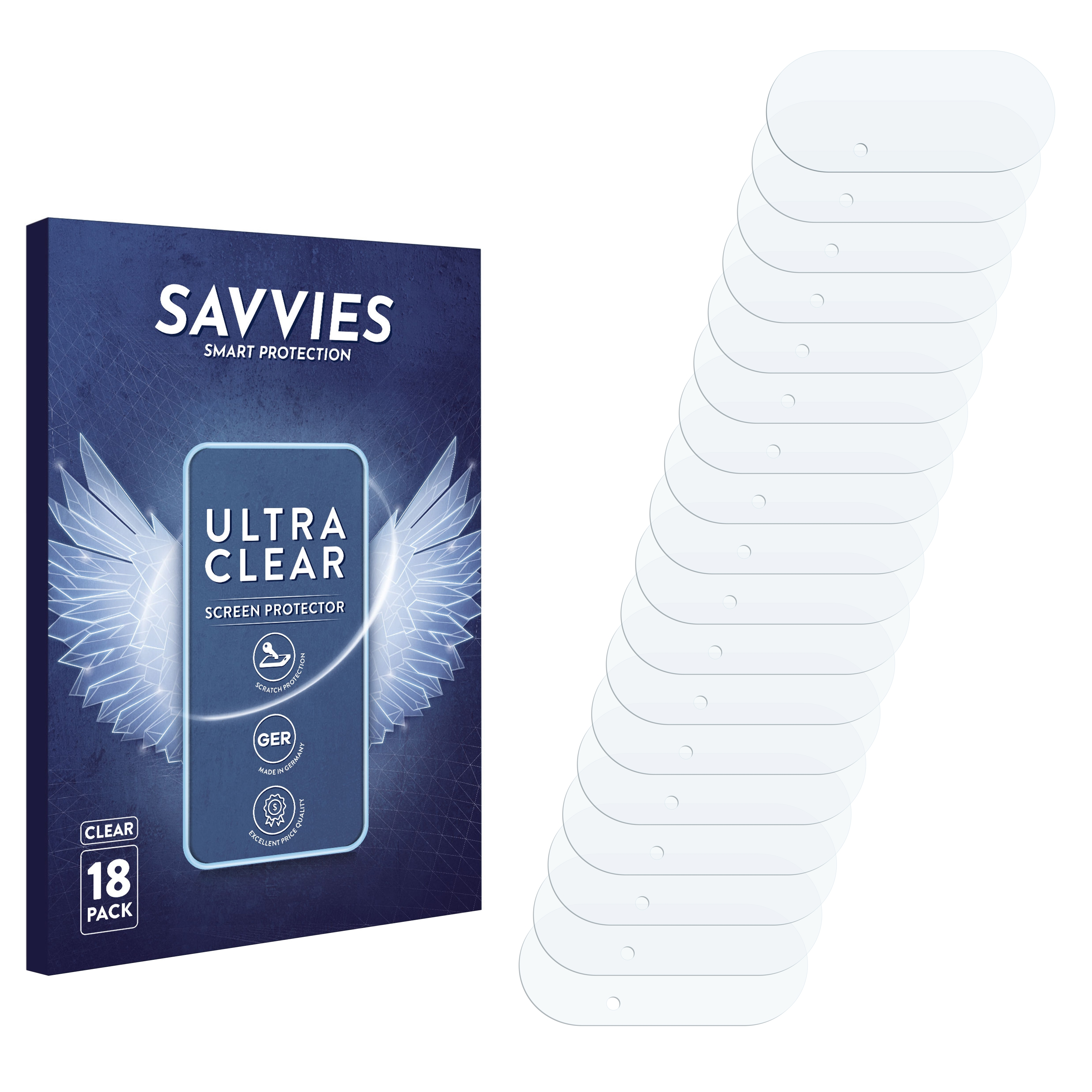 Eine Displayschutzfolienbox und mehrere einzelne Schutzfolien. Die Box enthält Text: SAVVIES, ULTRA CLEAR und 18 PACK.