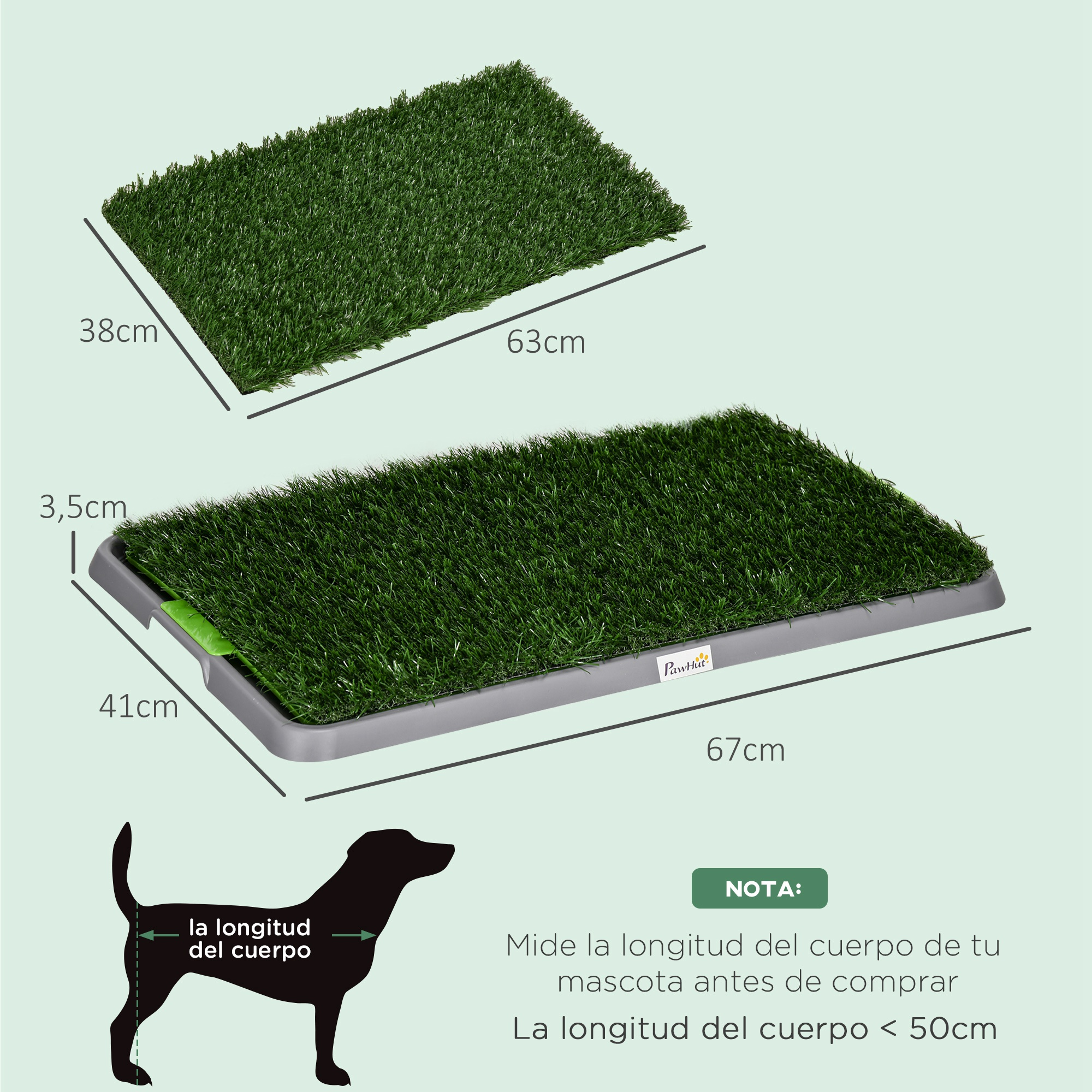 Dos almohadillas de césped artificial verde con dimensiones. Una almohadilla está en una bandeja gris. Silueta de perro y texto.