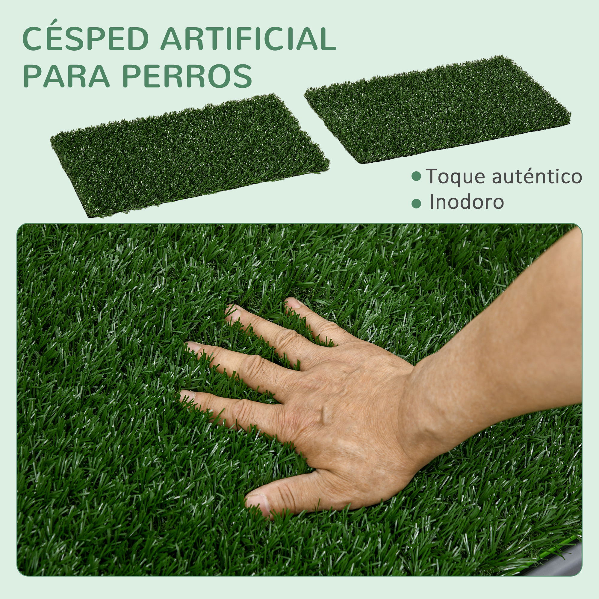 Una mano toca césped artificial verde. Dos pequeñas muestras de césped arriba. El texto dice, césped artificial para perros.