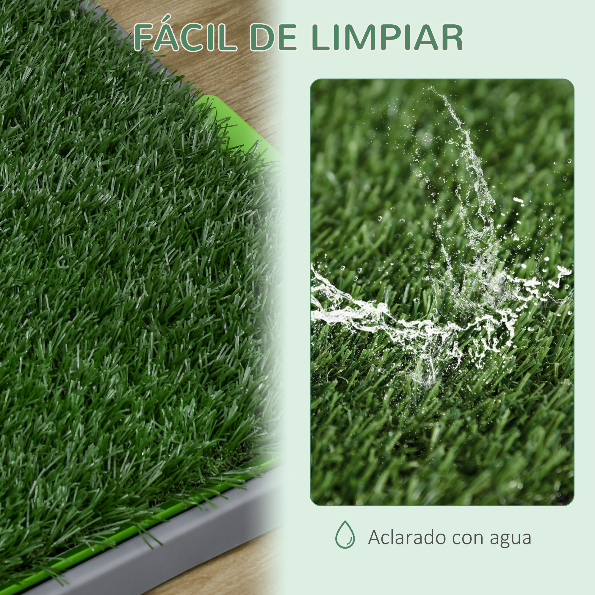Césped artificial verde con gotas de agua. El texto dice 'Fácil de limpiar'. El césped está en una bandeja gris.