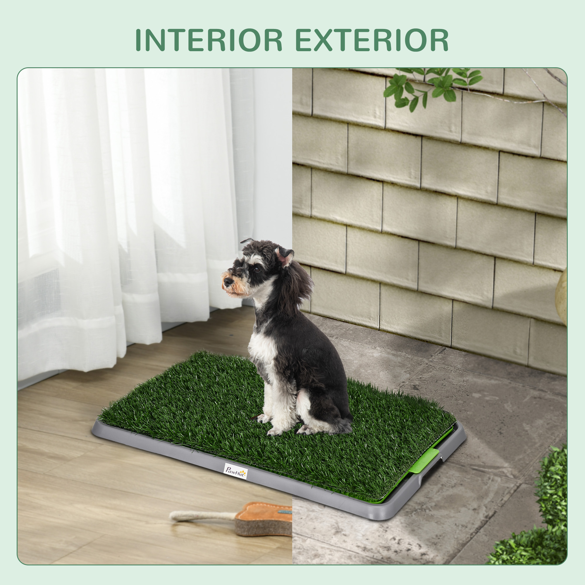 Un perro está sentado sobre una almohadilla de césped artificial verde. La imagen está dividida, mostrando un interior con cortinas y un exterior con una pared.