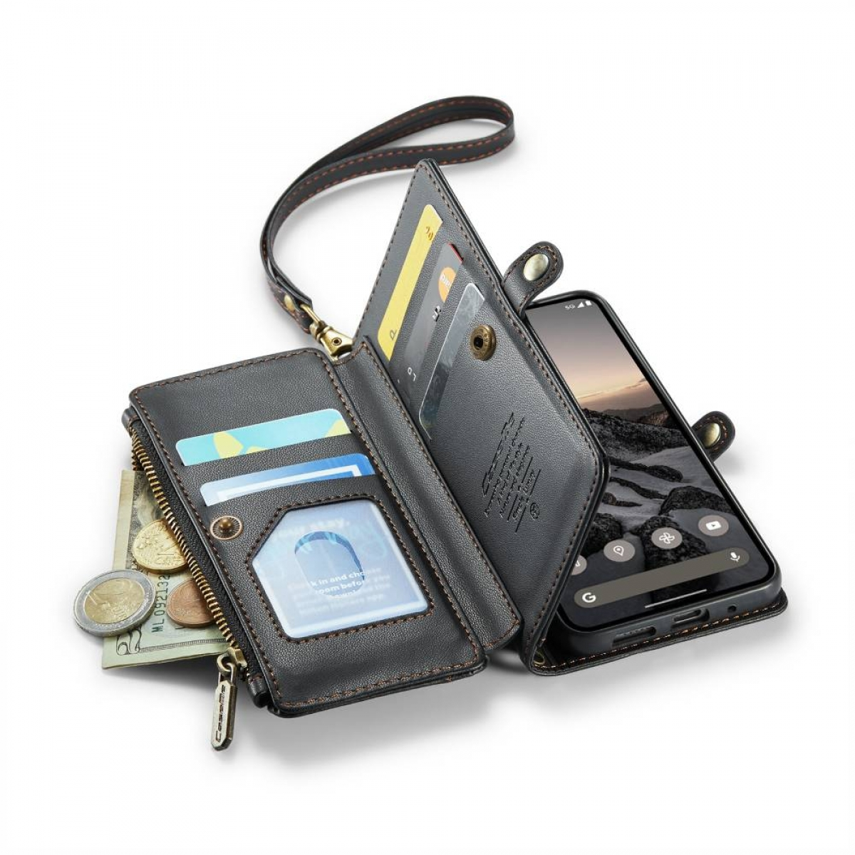 Eine schwarze Leder-Handyhülle mit Karten, Geld und einem Telefon. Sie hat eine Handschlaufe und ist offen.