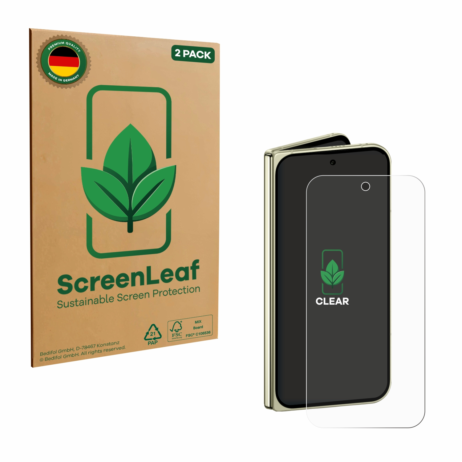 Eine Displayschutzfolienbox und ein Telefon mit aufgetragener Displayschutzfolie. Die Box ist braun mit einem grünen Blatt-Logo.