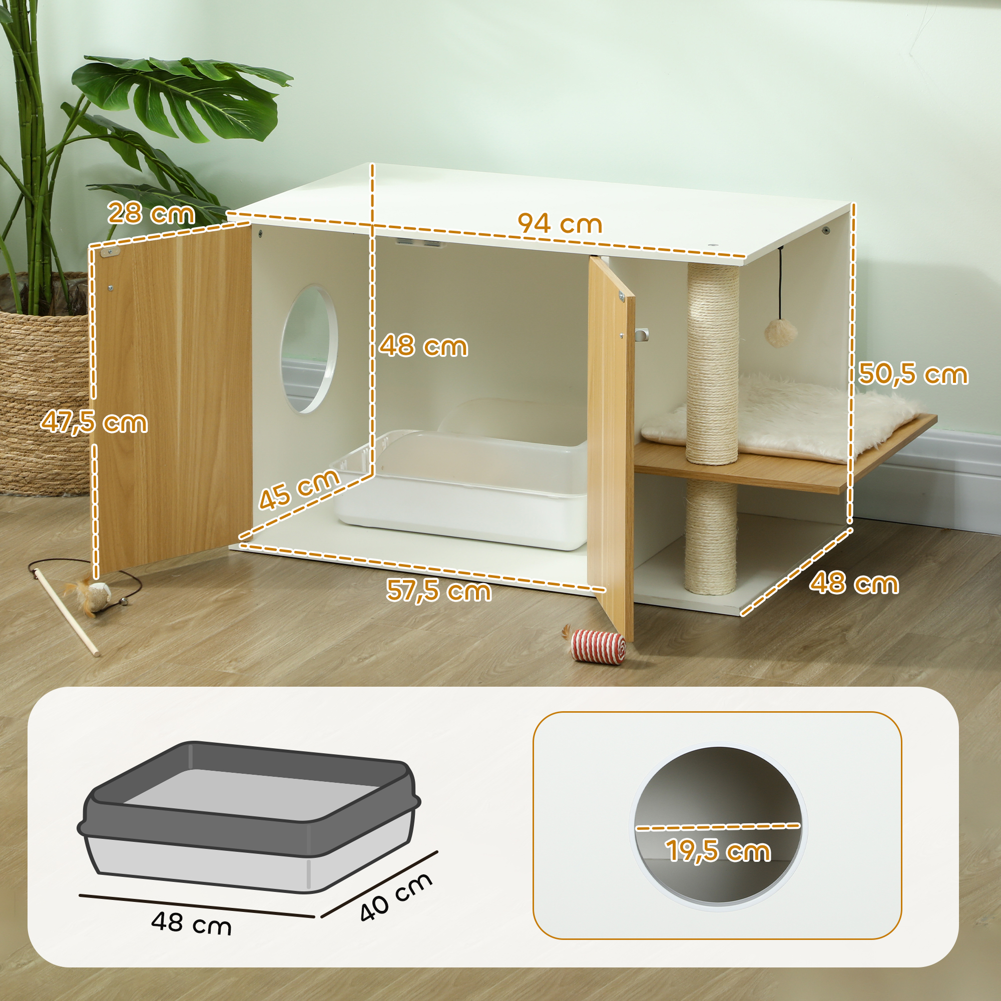 Muebles para gatos con dimensiones. Cuenta con arenero, rascador y zona para dormir. La unidad es blanca y color madera.