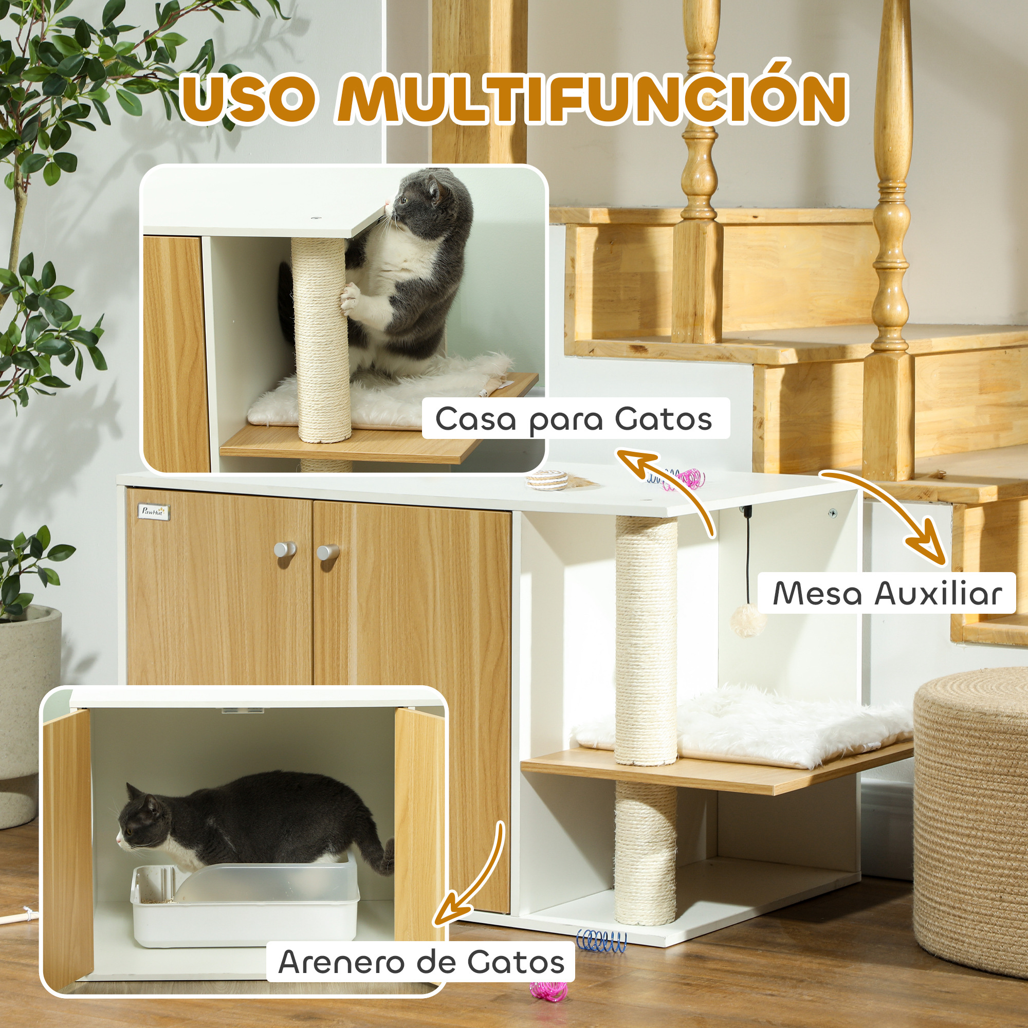 Un mueble para gatos con postes rascadores, casa para gatos, arenero y mesa auxiliar. Hay gatos presentes. La unidad es blanca y de madera.