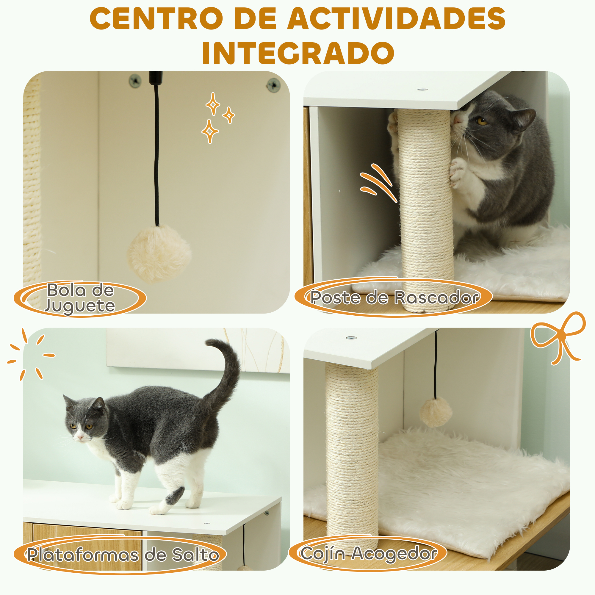 Un centro de actividades para gatos con postes rascadores, plataformas y un juguete. Un gato juega con la estructura.
