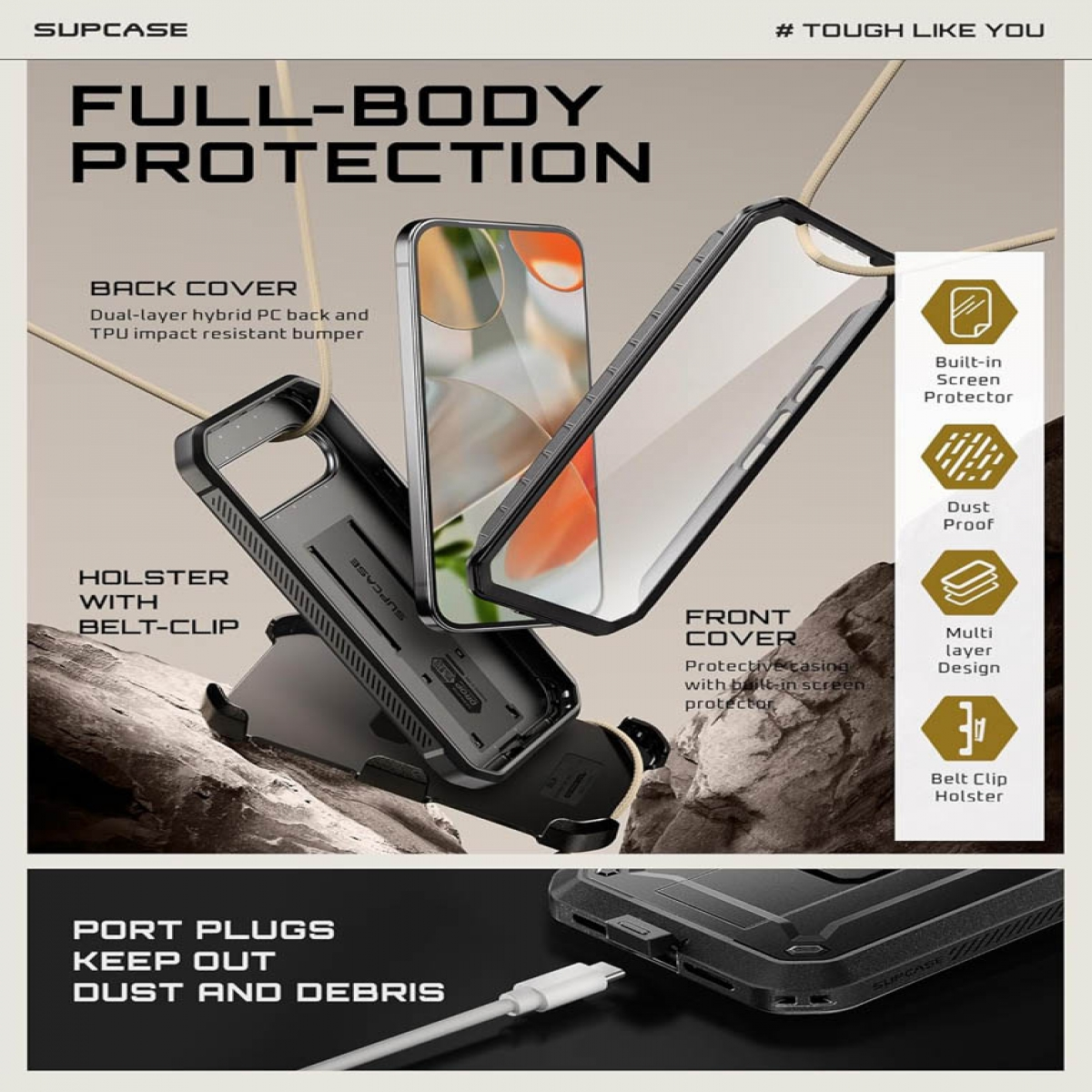 Annuncio di una custodia per telefono che mostra la protezione completa. Include fondina, clip da cintura e design a prova di polvere.