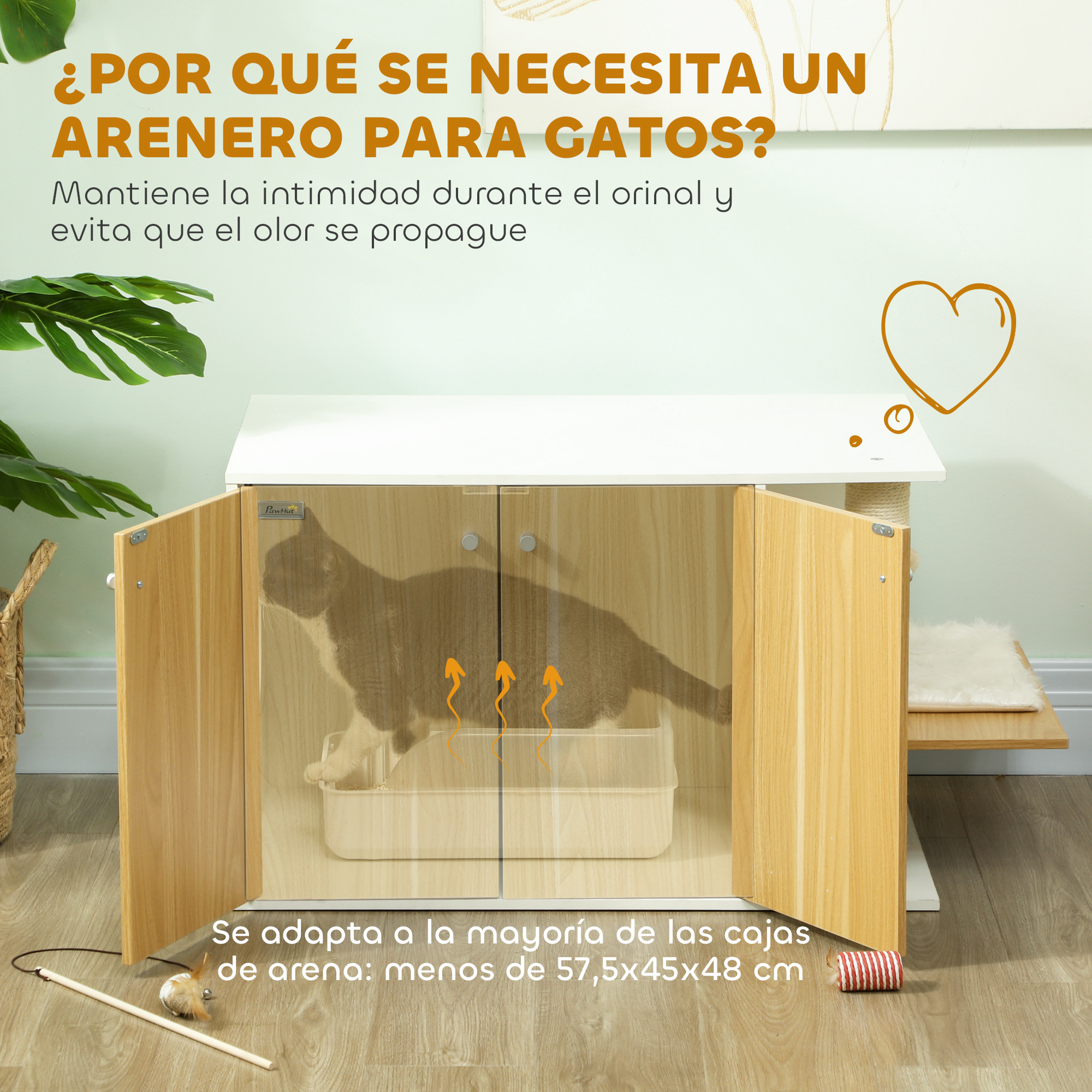 Armario para arenero. El gato está dentro. El armario tiene puertas de madera. Flechas indican el olor. Texto en la parte superior.