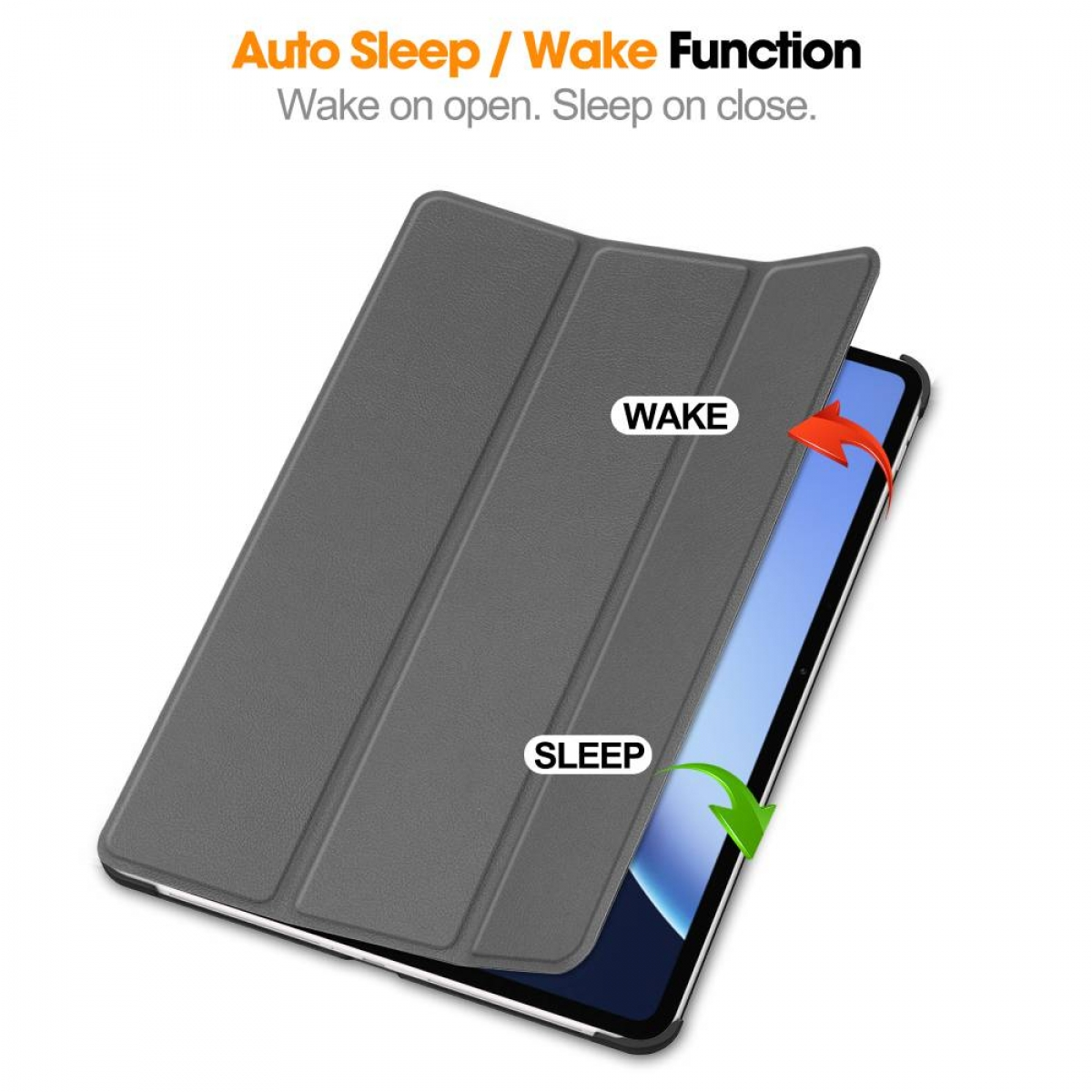 Graue Tablethülle mit Tablet. Text zeigt Auto-Sleep/Wake-Funktion. Roter Pfeil für Aufwachen, grün für Schlafen.