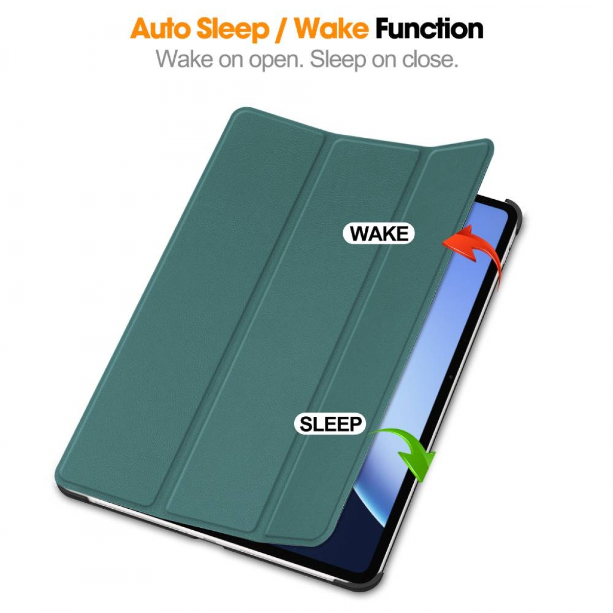 Grüne Tablet-Hülle, geöffnet, mit einem Tablet darin. Text zeigt 'Auto Sleep/Wake Funktion'.