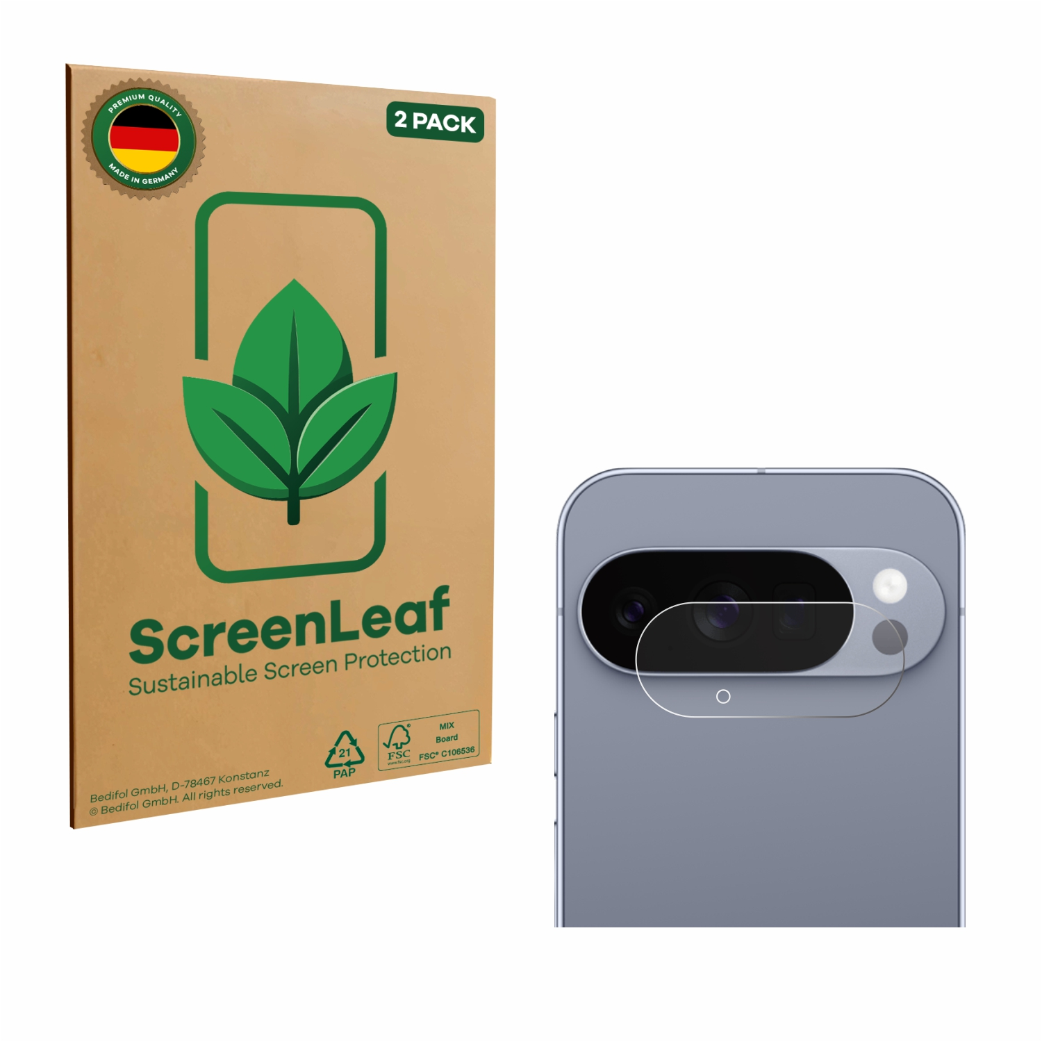Rückseite eines Telefons mit Kameraschutz neben einer ScreenLeaf-Displayschutzfolienverpackung. Die Verpackung hat ein Blattlogo und den Text '2 PACK'.