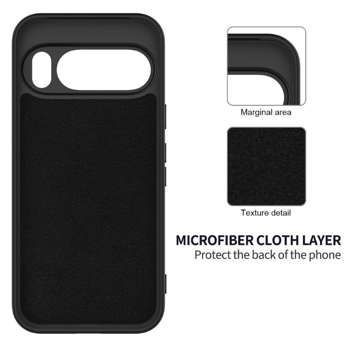 Eine schwarze Handyhülle mit Mikrofaser-Stoffschicht. Inklusive Details zum Randbereich und zur Textur. Schützt die Rückseite des Telefons.