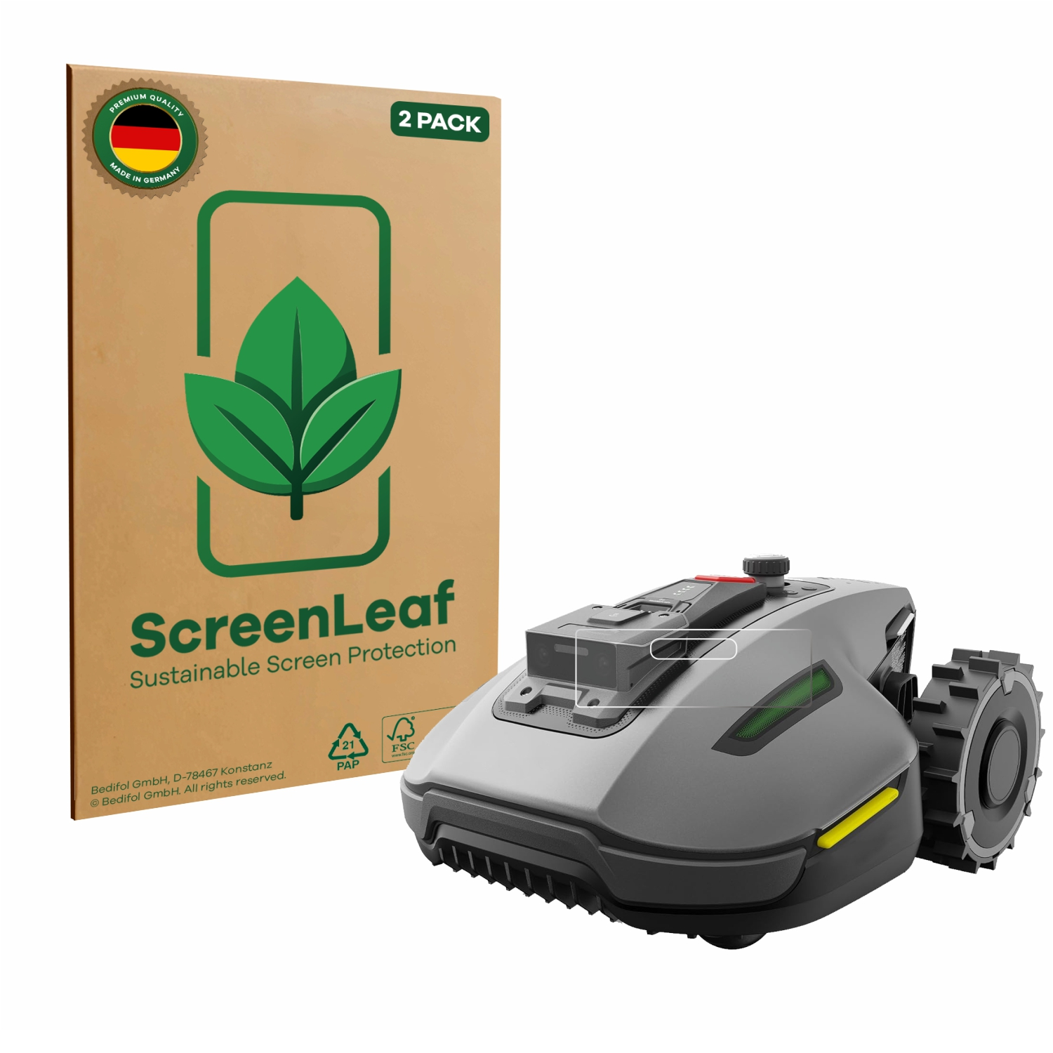 Ein Roboter-Rasenmäher und eine ScreenLeaf-Box. Die Box ist braun, mit grünem Blatt-Logo. Der Rasenmäher ist grau und schwarz.