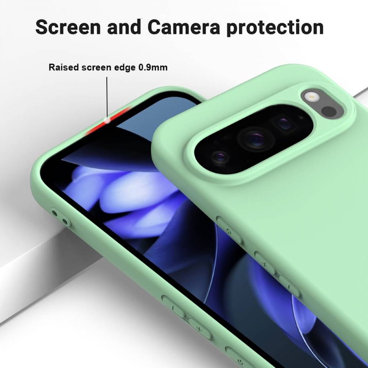 Eine mintgrüne Handyhülle schützt ein Telefon. Die Hülle hat eine erhöhte Kante von 0,9 mm. Text: Bildschirm- und Kameraschutz.