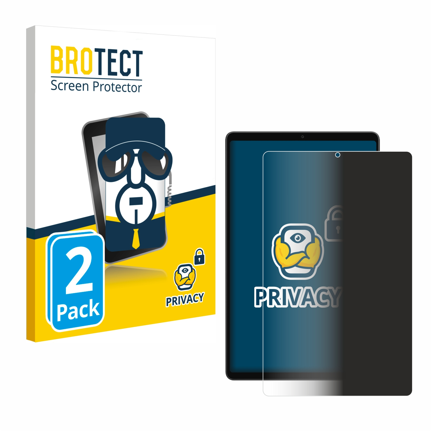Das Bild zeigt einen Displayschutz für ein Tablet. Links ist eine Box mit "BROTECT". Rechts ist ein Tablet mit einem Sichtschutz.