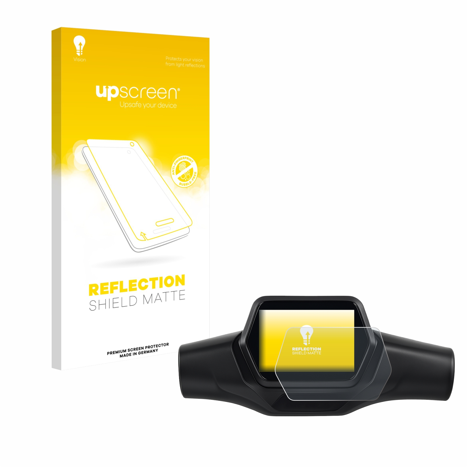Eine Displayschutzbox mit einer Telefonkontur und ein Bildschirm auf einem schwarzen Gerät. Der Displayschutz ist mit 'REFLECTION SHIELD MATTE' beschriftet.