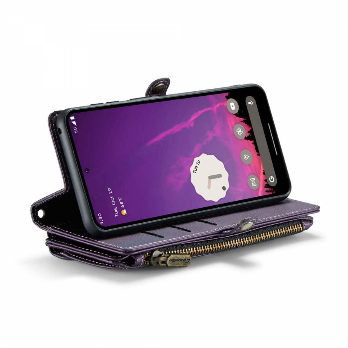 Ein Smartphone mit lila Bildschirm liegt auf einer lila Brieftasche mit Reißverschluss. Die Hülle ist offen und zeigt den Bildschirm.