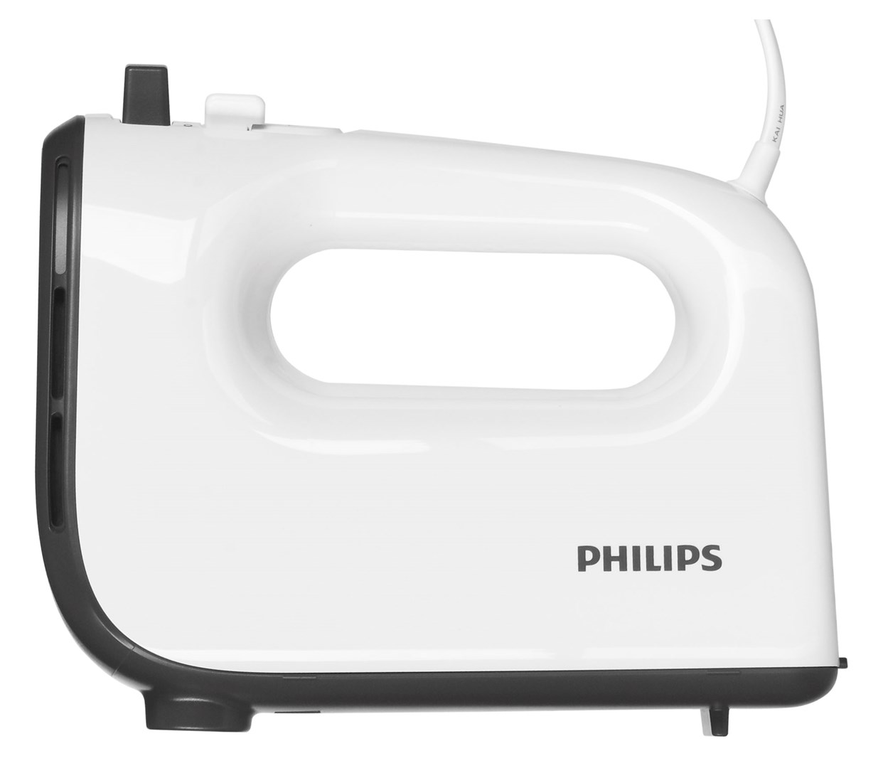 Biały mikser ręczny Philips z czarnym uchwytem i kablem zasilającym. Nazwa marki jest wydrukowana na mikserze.
