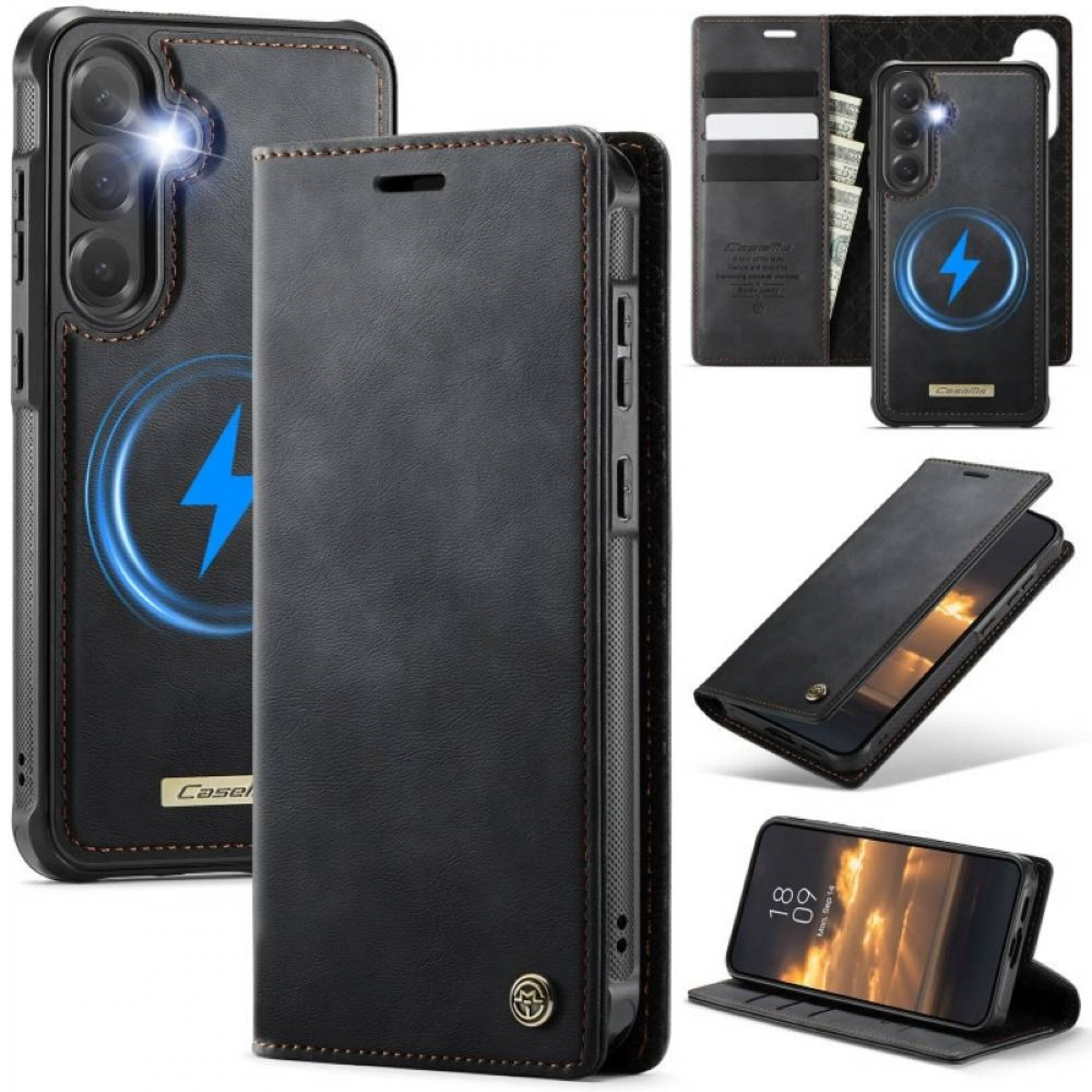 Schwarze Leder-Handyhülle mit eingebettetem Ladesymbol, mehrere Ansichten zeigen Brieftaschenfunktionen und Telefonanzeige.
